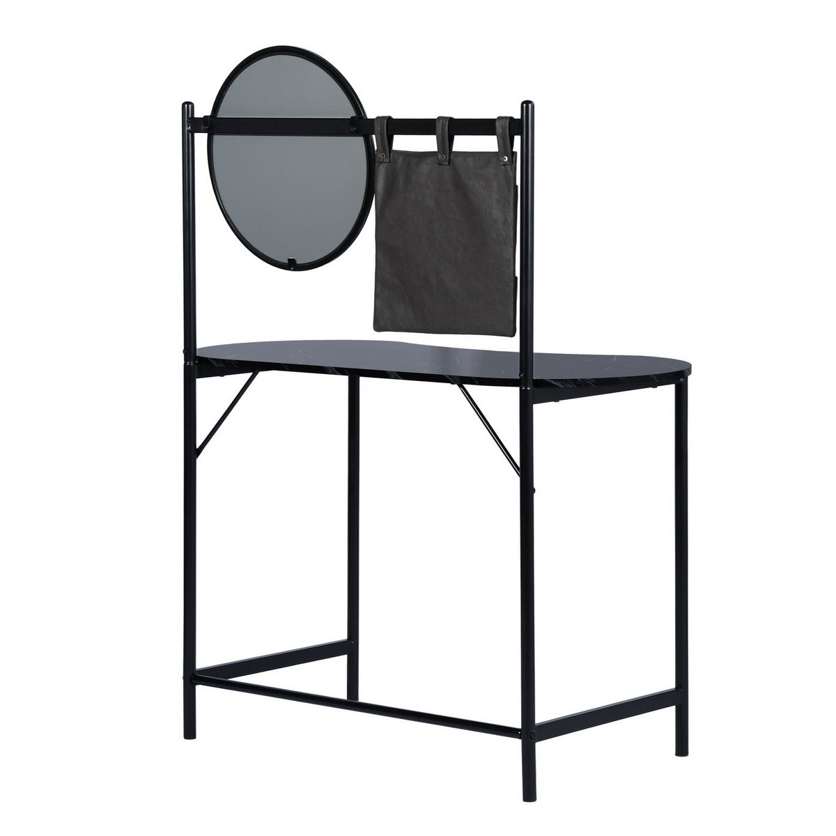 Looney 43.3" Compact Round Mirror Desk Vanity, Marble Finish