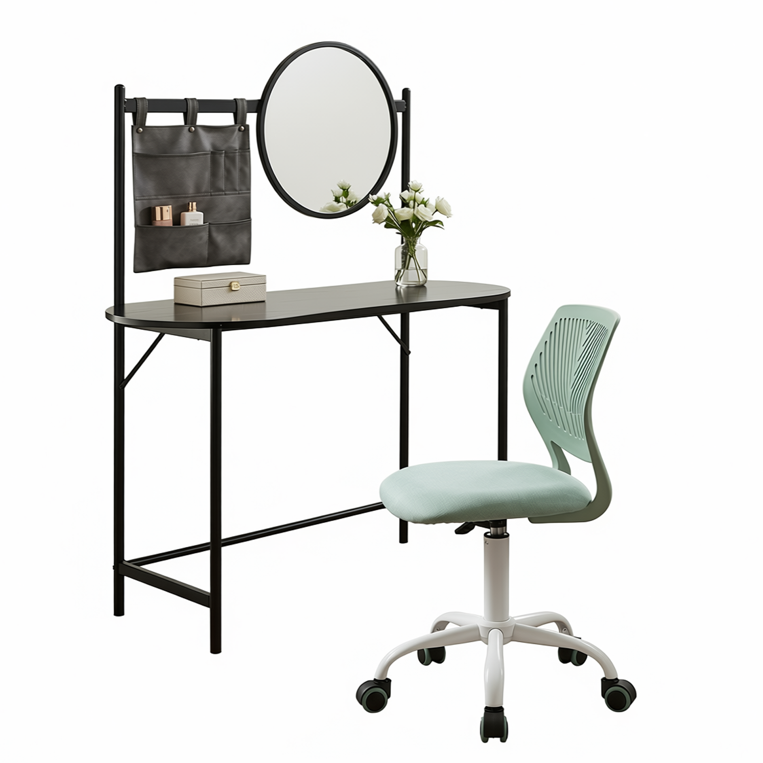 Homy Casa Looney+Carnation Bedroom Vanity Set with Mirror and Aqua Office Chair