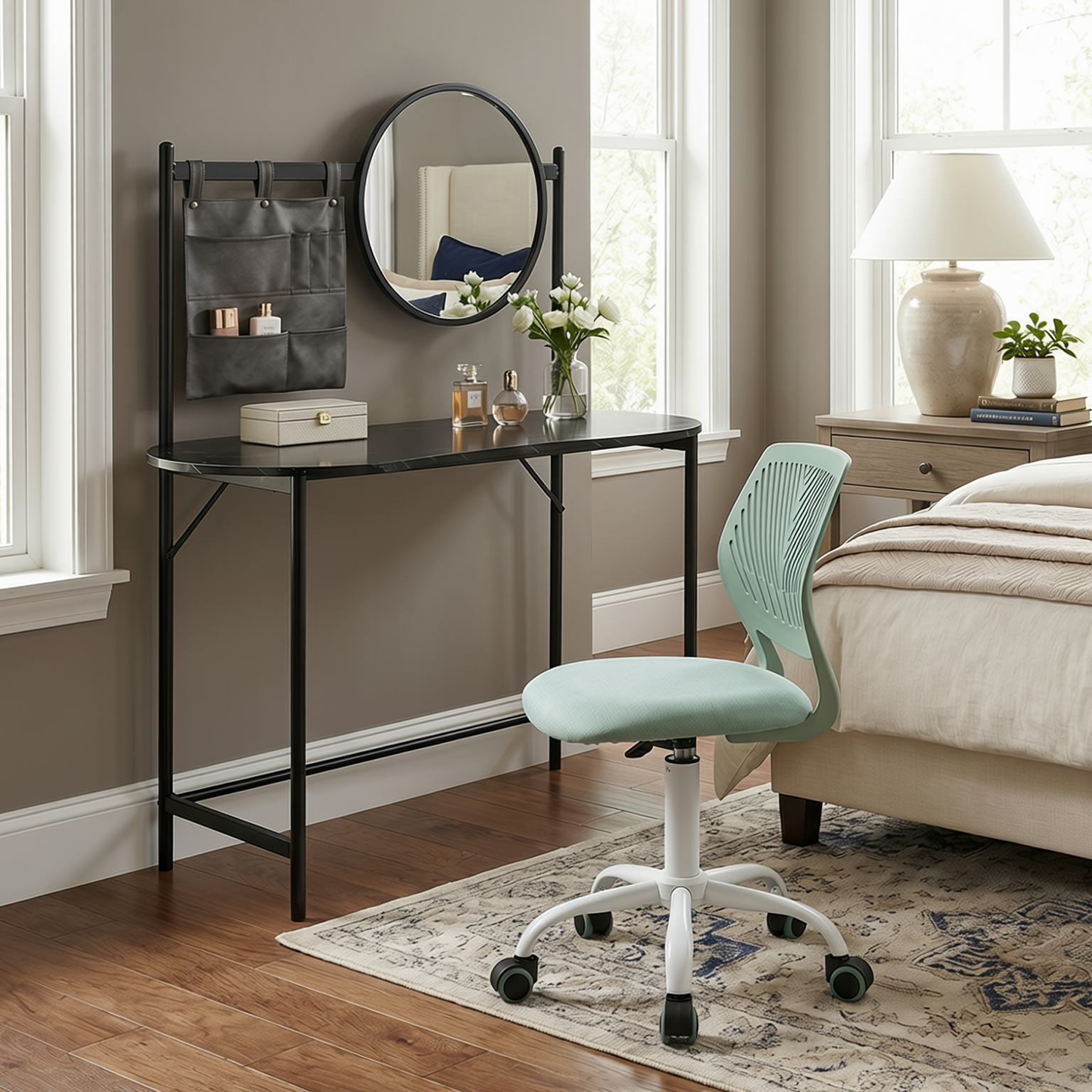 Homy Casa Looney+Carnation Bedroom Vanity Set with Mirror and Aqua Office Chair