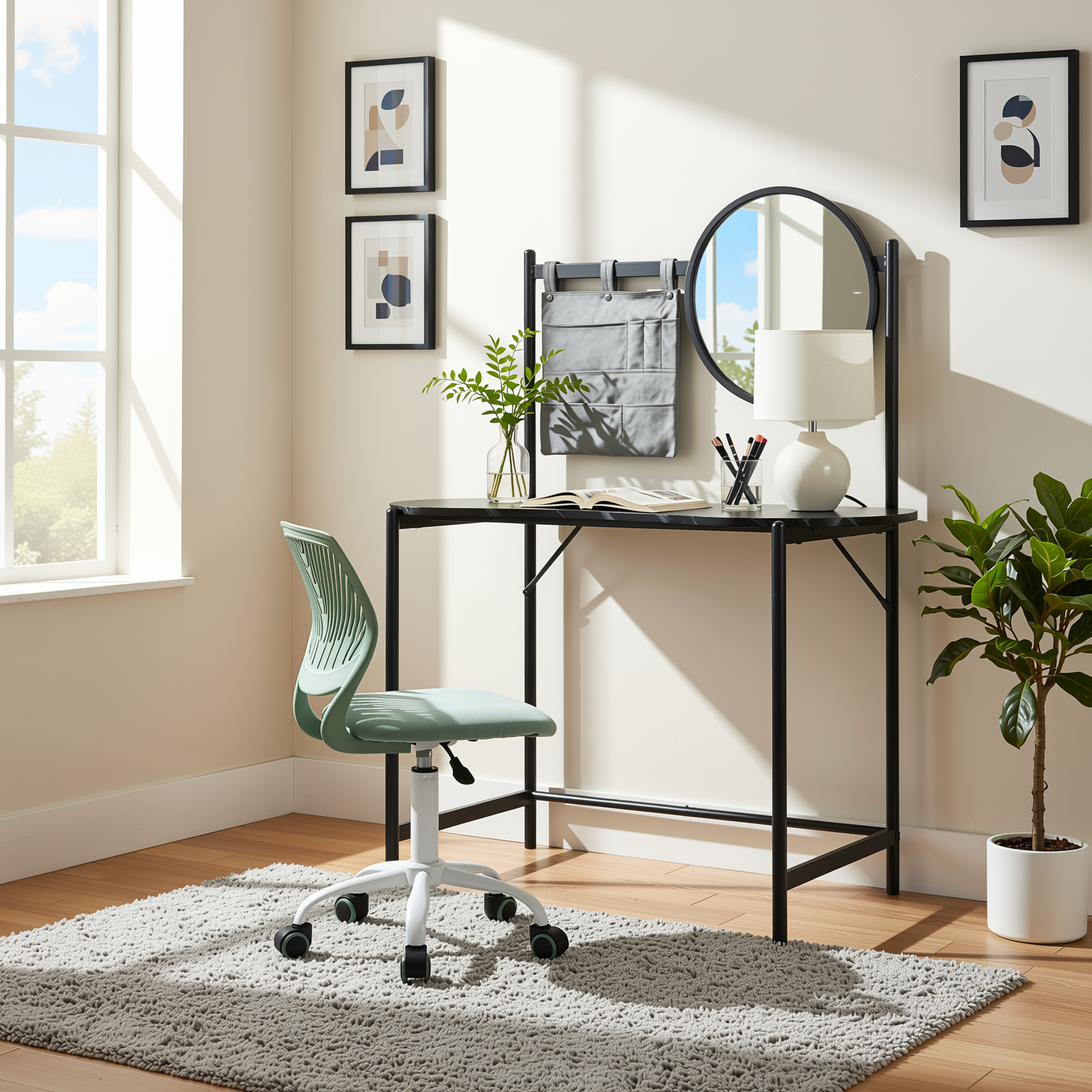 Homy Casa Looney+Carnation Bedroom Vanity Set with Mirror and Aqua Office Chair