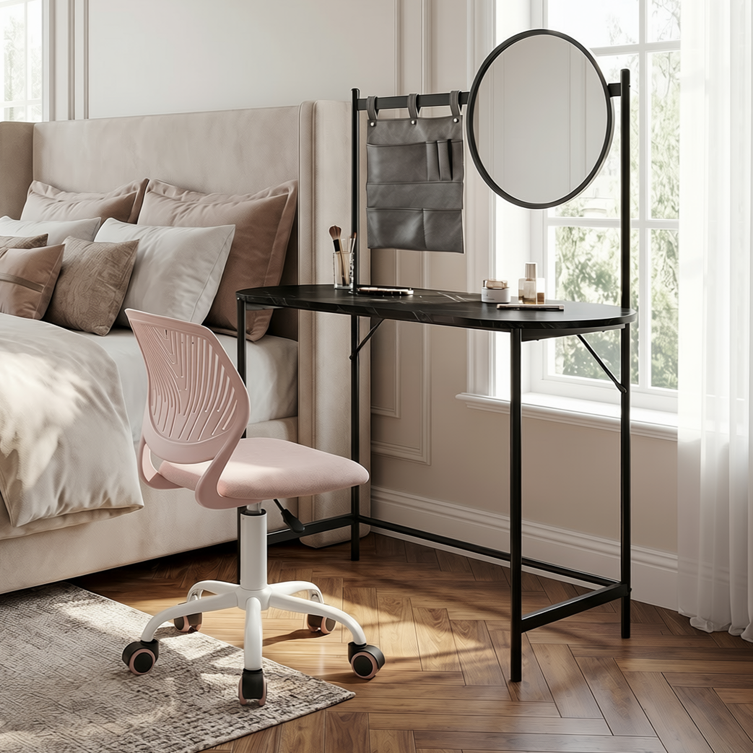 Homy Casa Looney+Carnation Bedroom Vanity Set with Mirror and Pink Office Chair