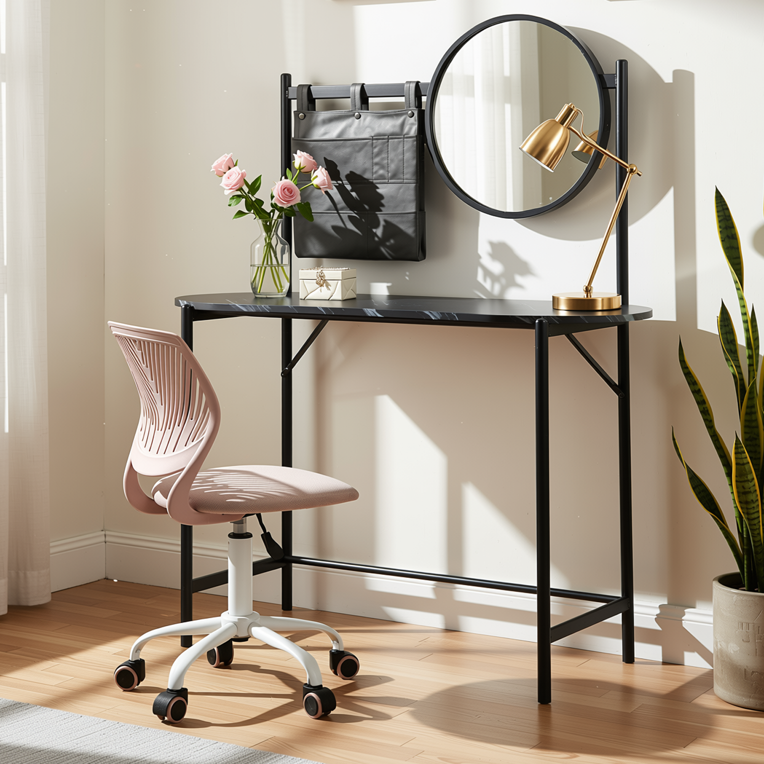 Homy Casa Looney+Carnation Bedroom Vanity Set with Mirror and Pink Office Chair
