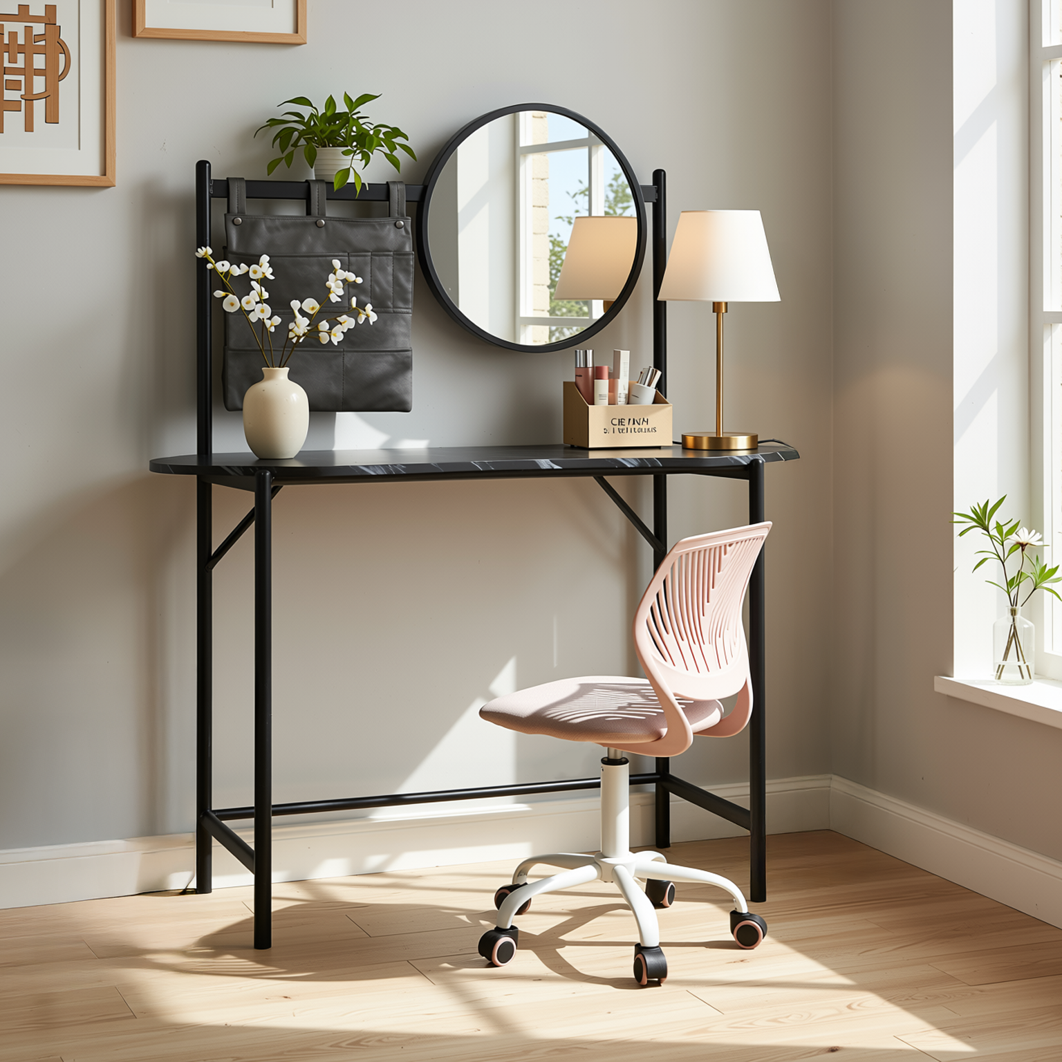 Homy Casa Looney+Carnation Bedroom Vanity Set with Mirror and Pink Office Chair