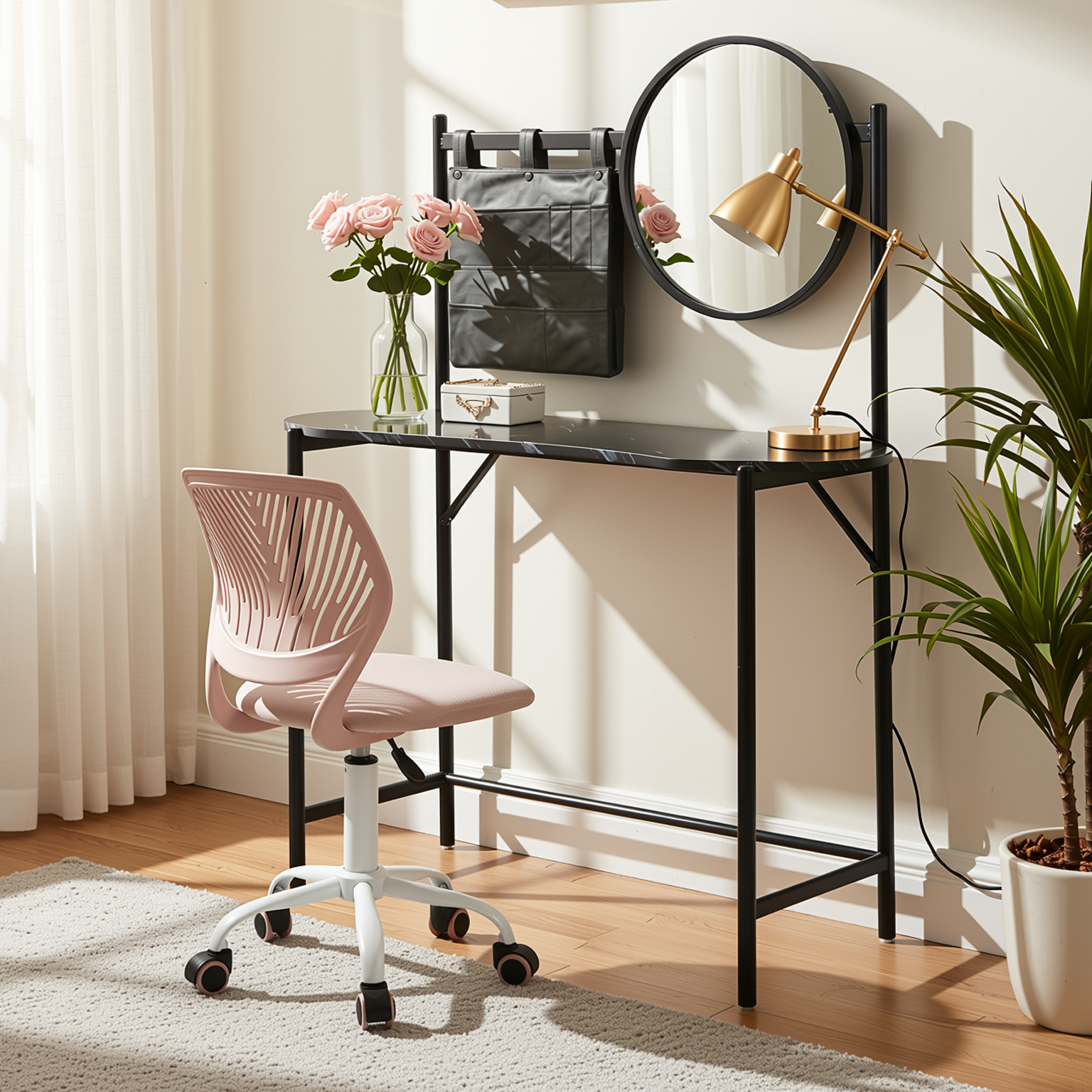 Homy Casa Looney+Carnation Bedroom Vanity Set with Mirror and Pink Office Chair