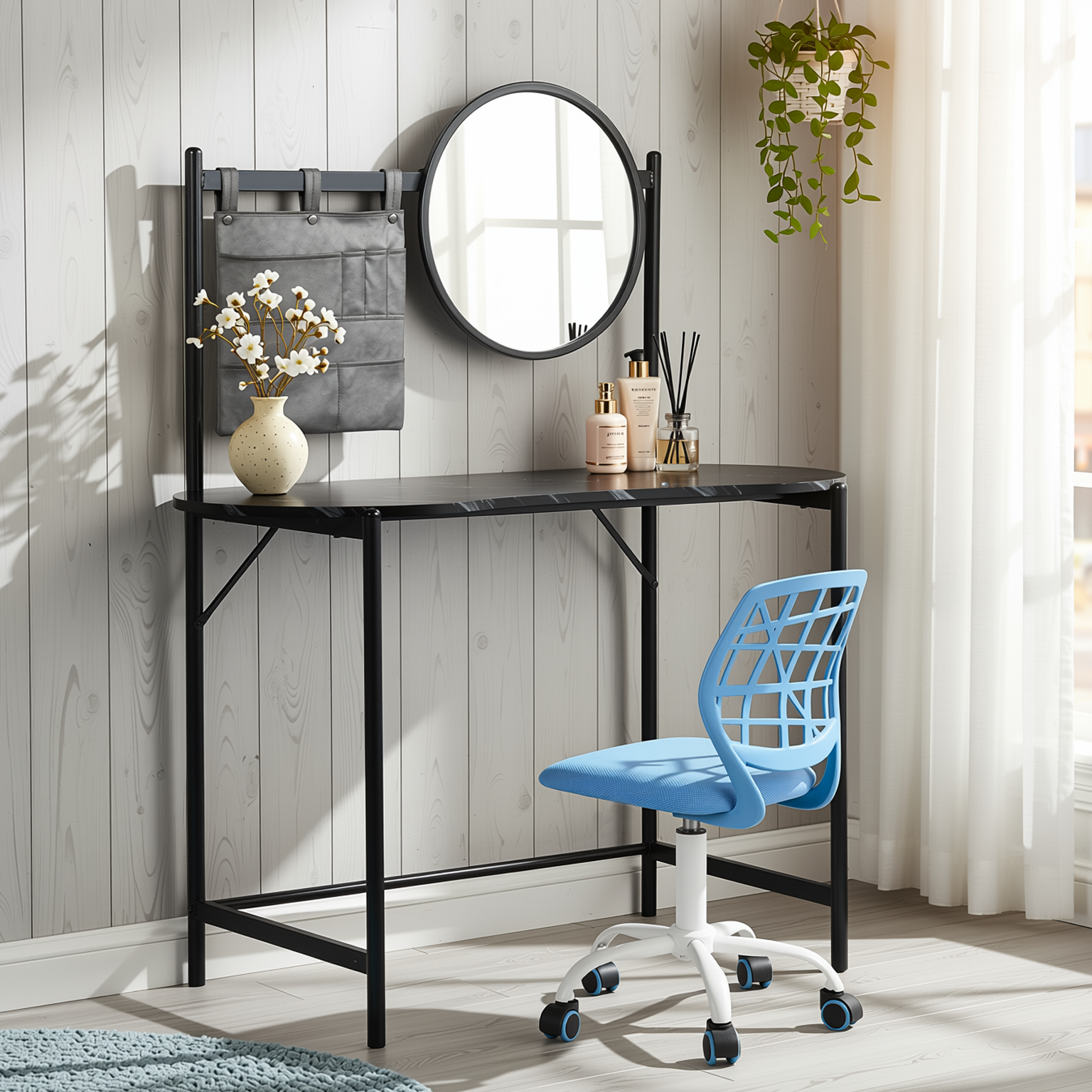 Homy Casa Looney+Carnation Bedroom Vanity Set with Mirror and Blue Office Chair