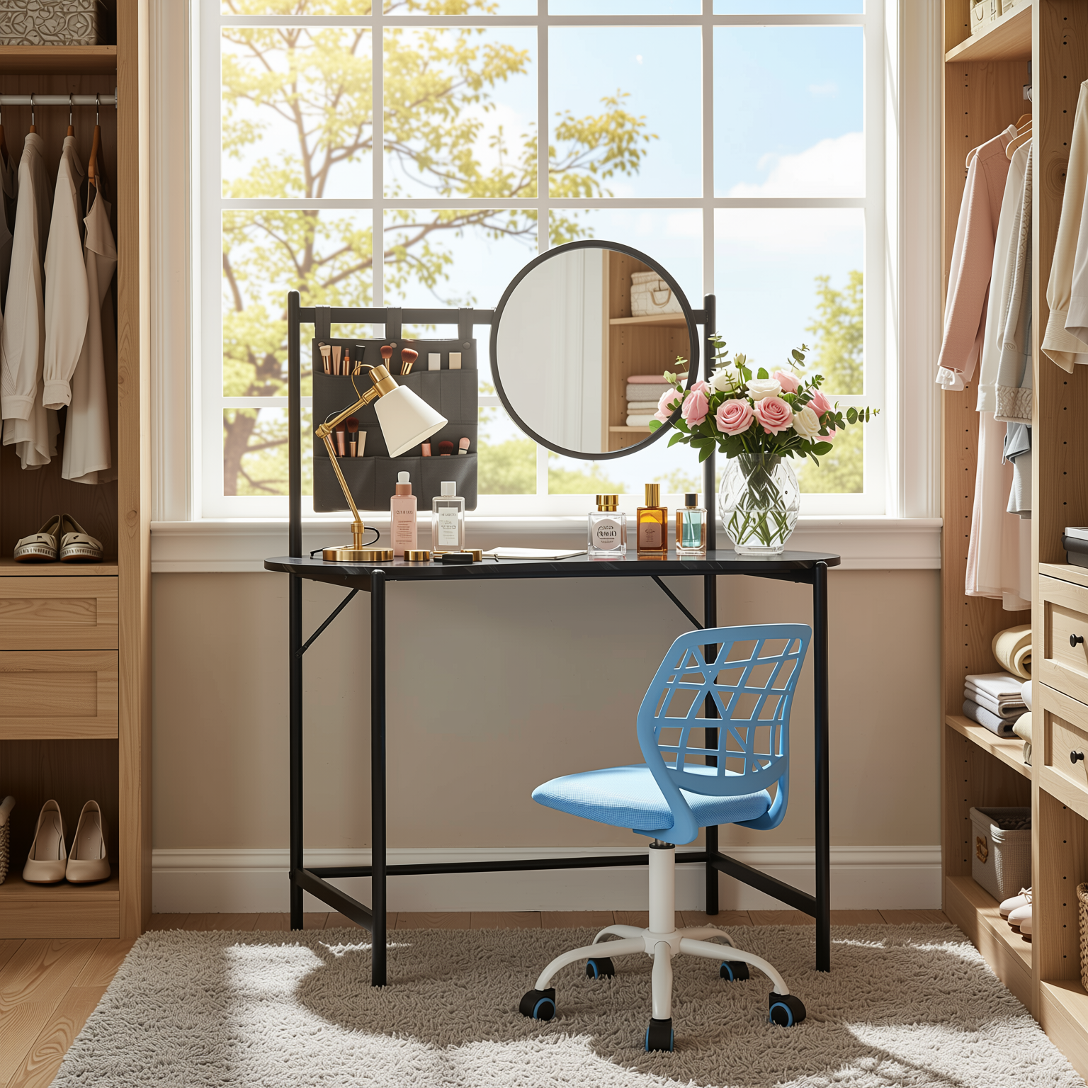 Homy Casa Looney+Carnation Bedroom Vanity Set with Mirror and Blue Office Chair