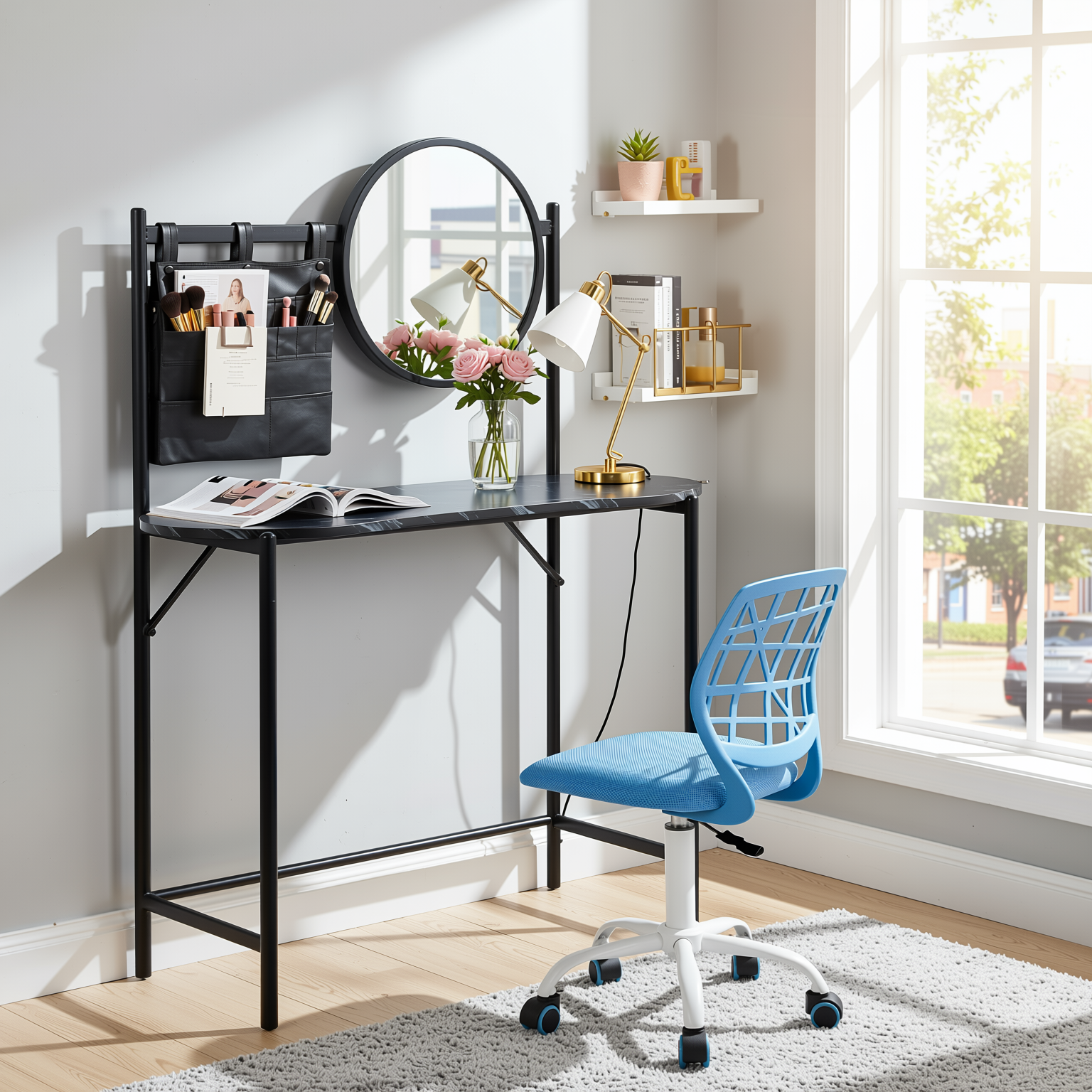 Homy Casa Looney+Carnation Bedroom Vanity Set with Mirror and Blue Office Chair