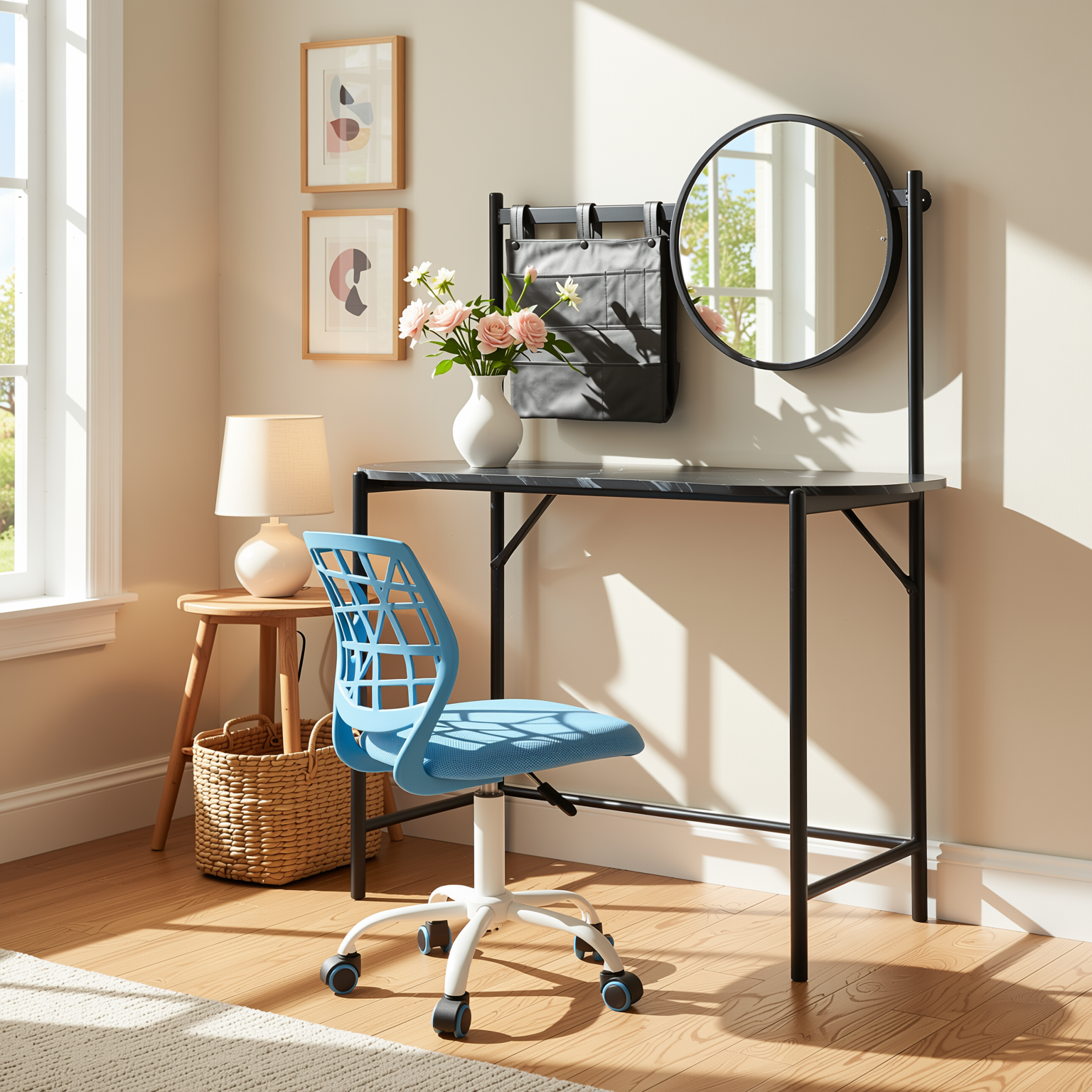 Homy Casa Looney+Carnation Bedroom Vanity Set with Mirror and Blue Office Chair