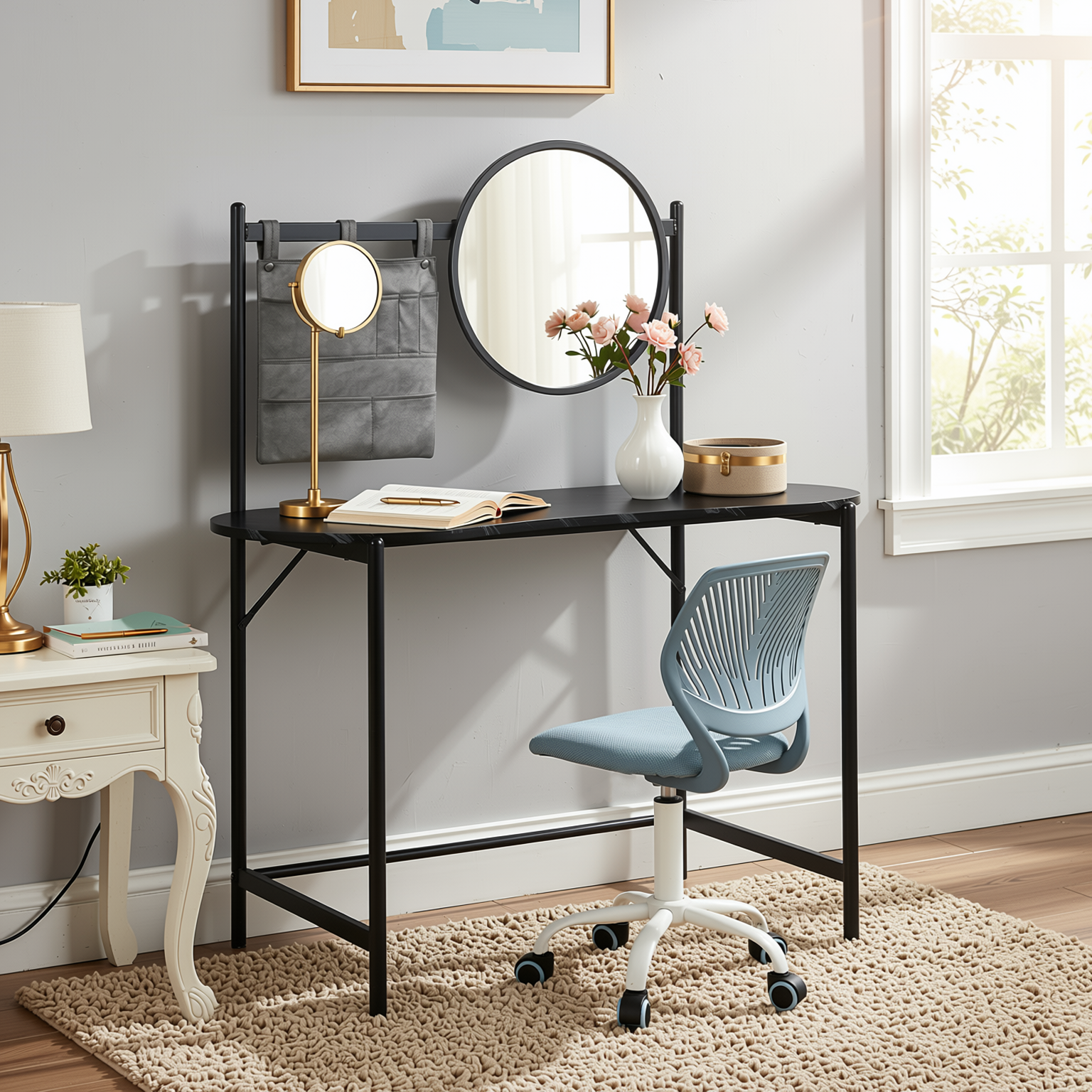 Homy Casa LOONEY+CARNATION 2PC Bedroom Vanity Set with Mirror and Office Chair in Blue-Gray Matte & Light Blue Mesh