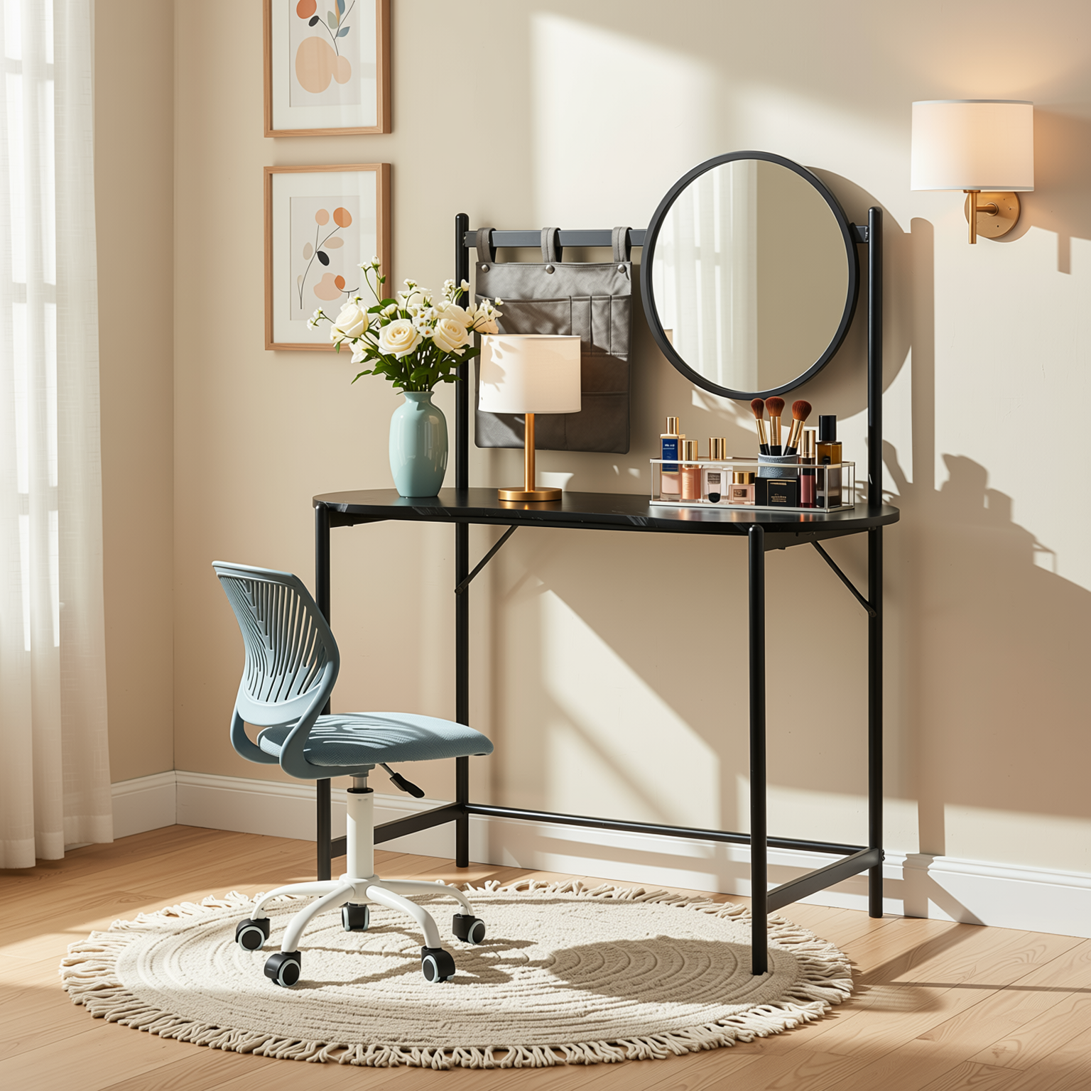 Homy Casa LOONEY+CARNATION 2PC Bedroom Vanity Set with Mirror and Office Chair in Blue-Gray Matte & Light Blue Mesh