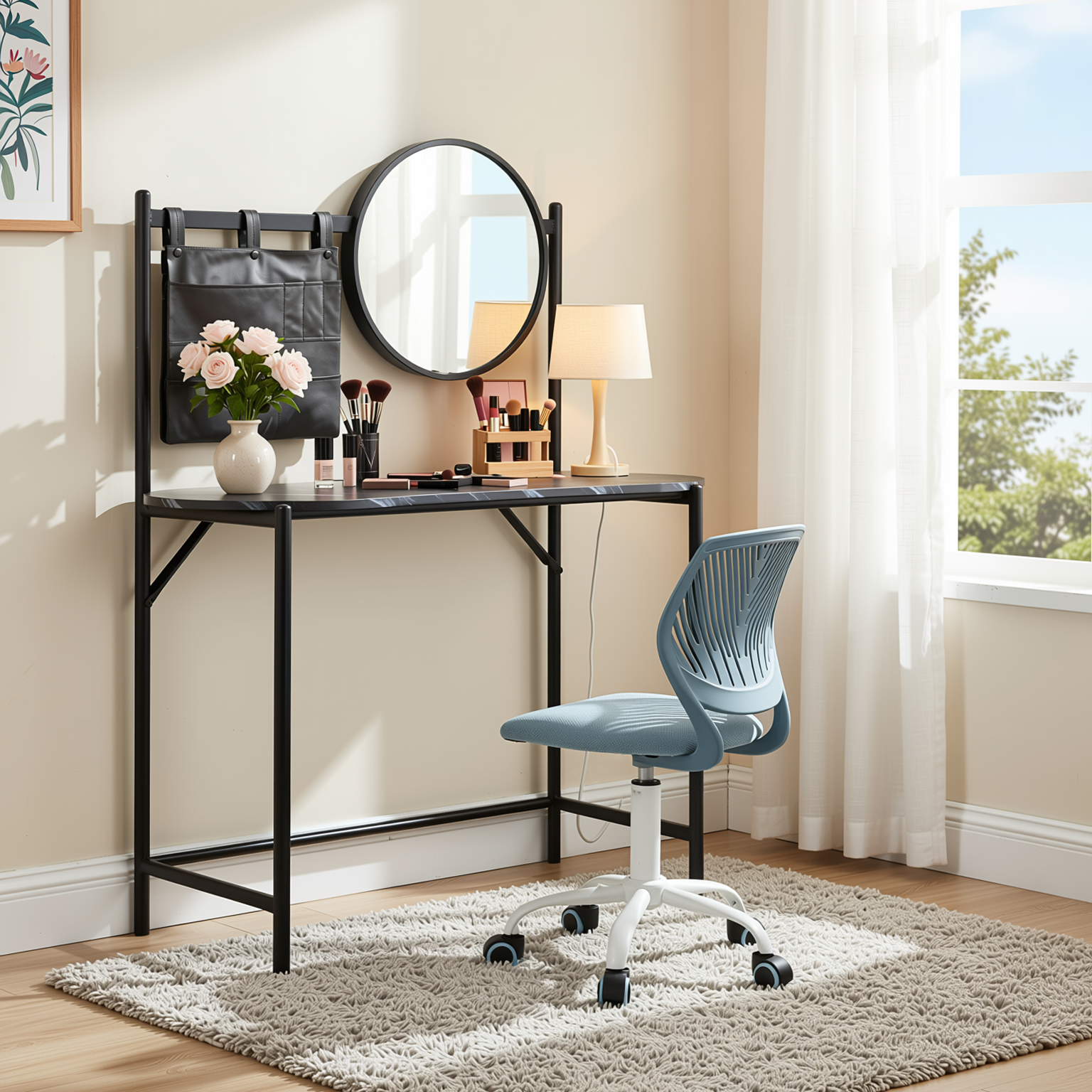 Homy Casa LOONEY+CARNATION 2PC Bedroom Vanity Set with Mirror and Office Chair in Blue-Gray Matte & Light Blue Mesh