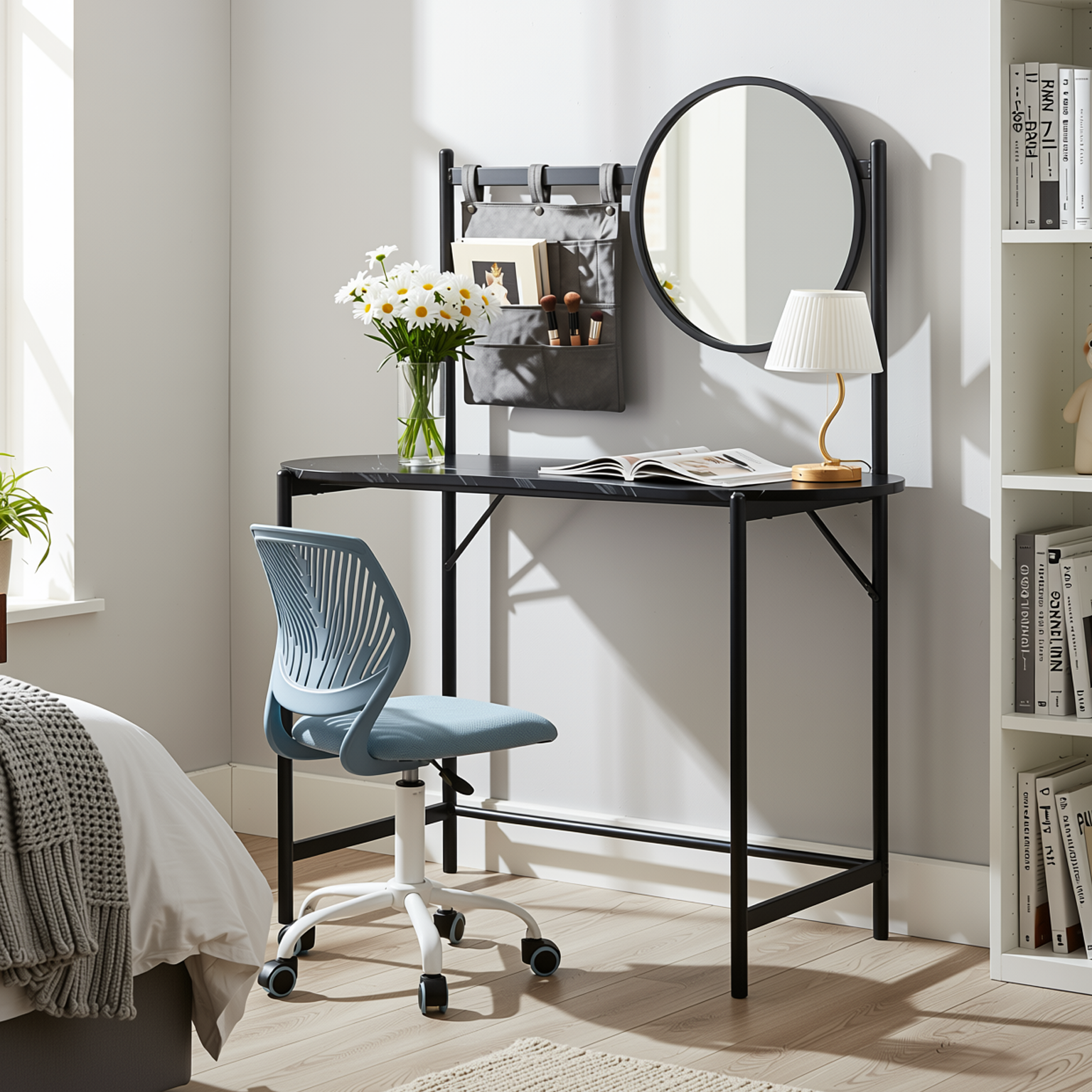 Homy Casa LOONEY+CARNATION 2PC Bedroom Vanity Set with Mirror and Office Chair in Blue-Gray Matte & Light Blue Mesh