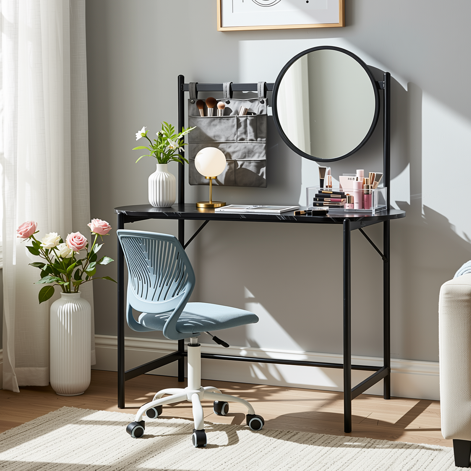 Homy Casa LOONEY+CARNATION 2PC Bedroom Vanity Set with Mirror and Office Chair in Blue-Gray Matte & Light Blue Mesh