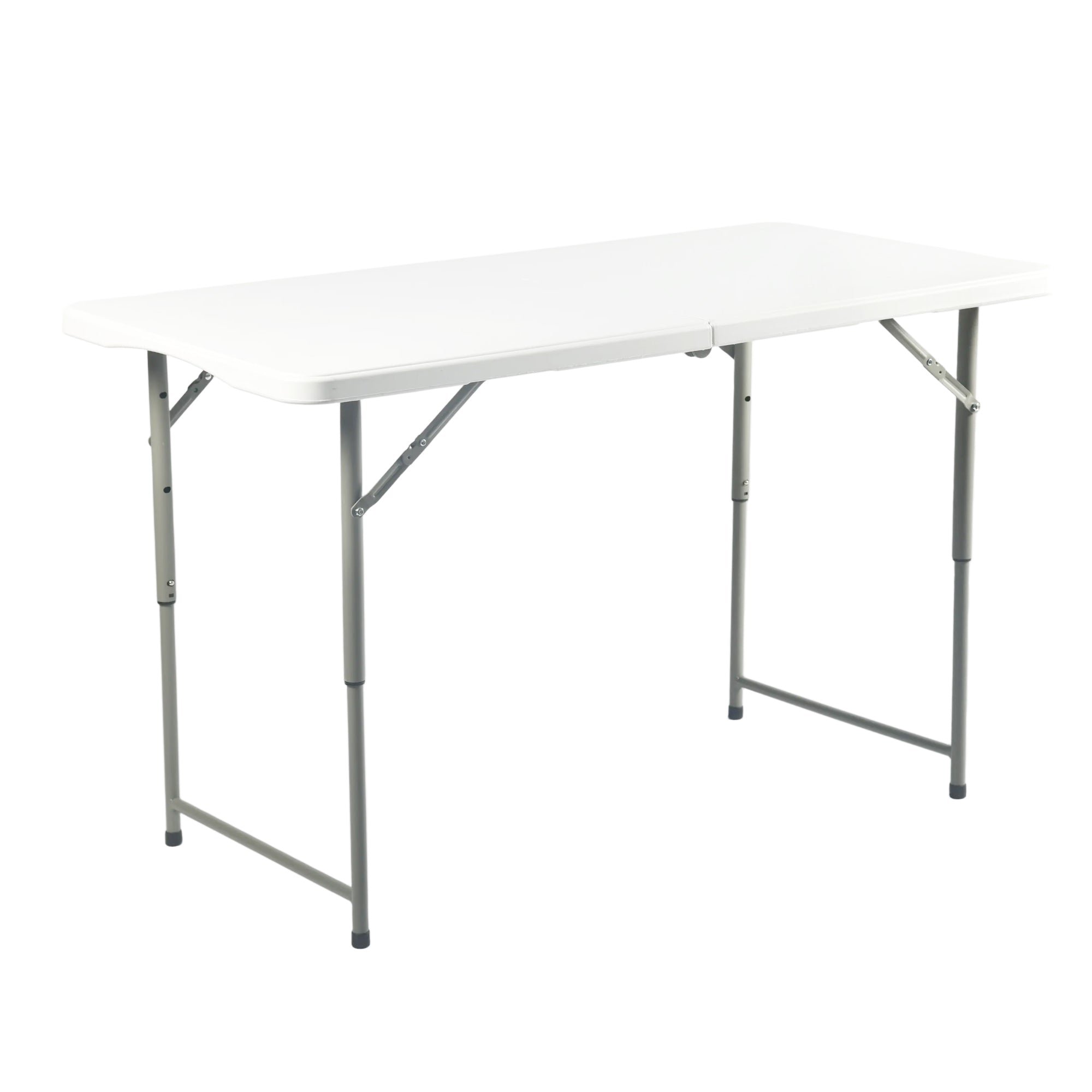 LOULA 4ft Folding Table, Height Adjustable 19–30 in, Fold-in-Half Portable Utility Table with Carry Handle, HDPE Top and Steel Legs, White