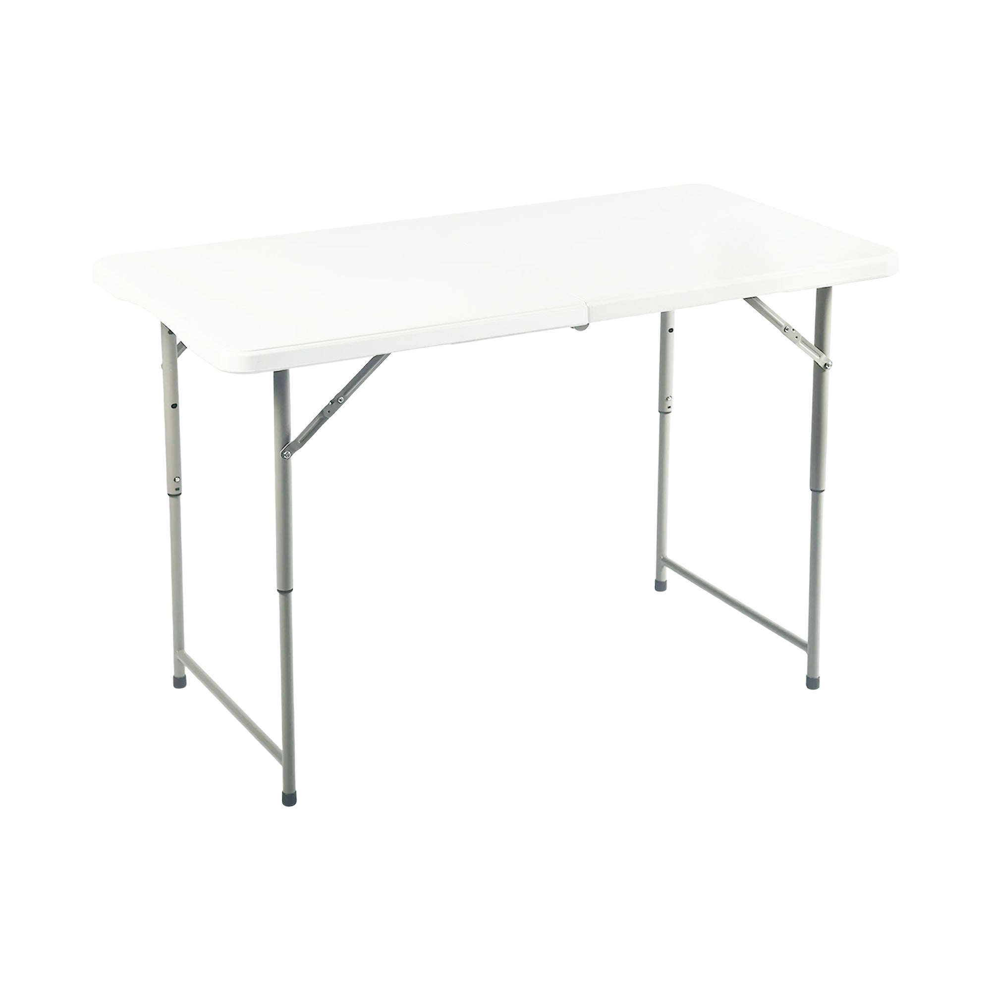 LOULA 4ft Folding Table, Height Adjustable 19–30 in, Fold-in-Half Portable Utility Table with Carry Handle, HDPE Top and Steel Legs, White