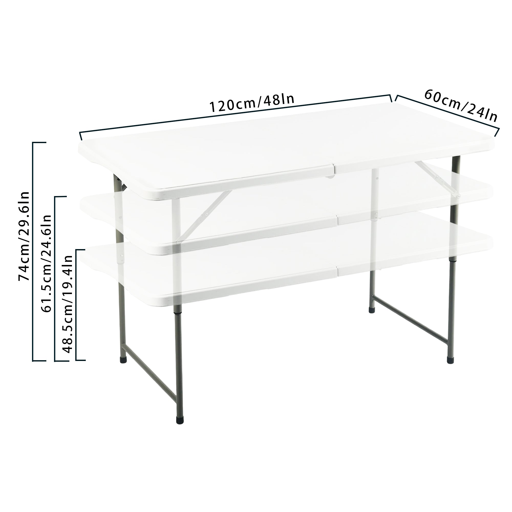 LOULA 4ft Folding Table, Height Adjustable 19–30 in, Fold-in-Half Portable Utility Table with Carry Handle, HDPE Top and Steel Legs, White