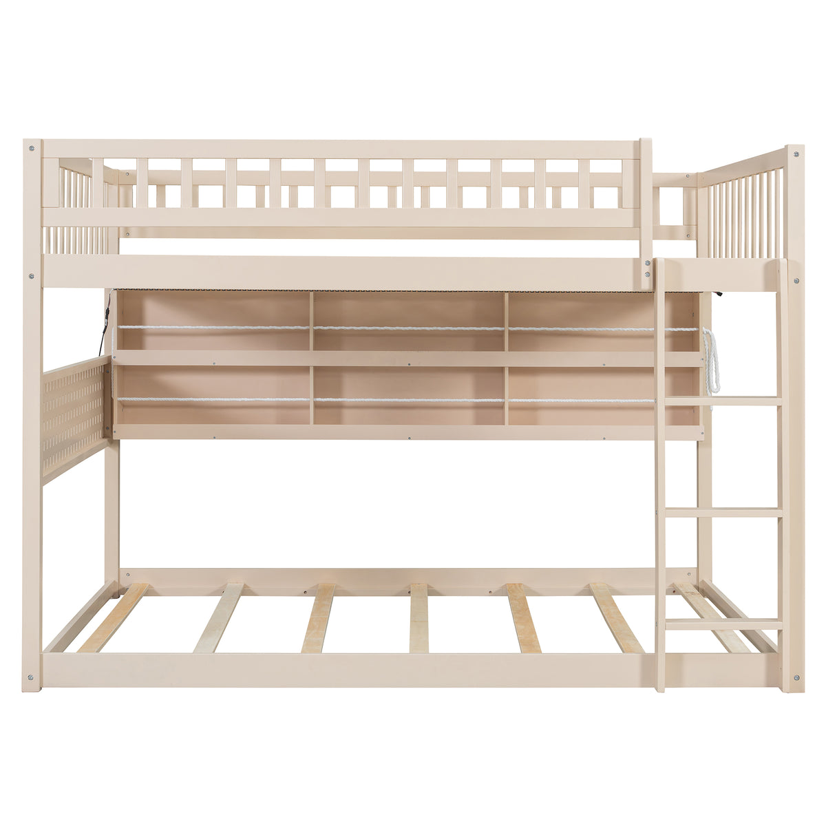 Rellan Full over Full Floor Bunk Bed with Storage Shelves, Pegboard and LED Lights