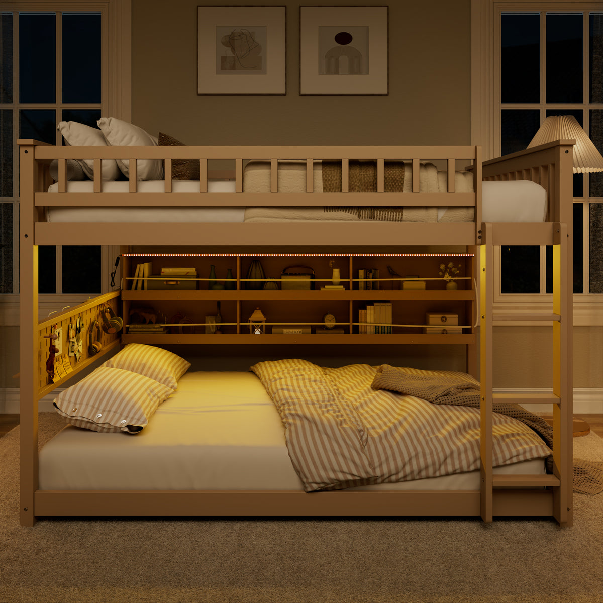 Rellan Full over Full Floor Bunk Bed with Storage Shelves, Pegboard and LED Lights