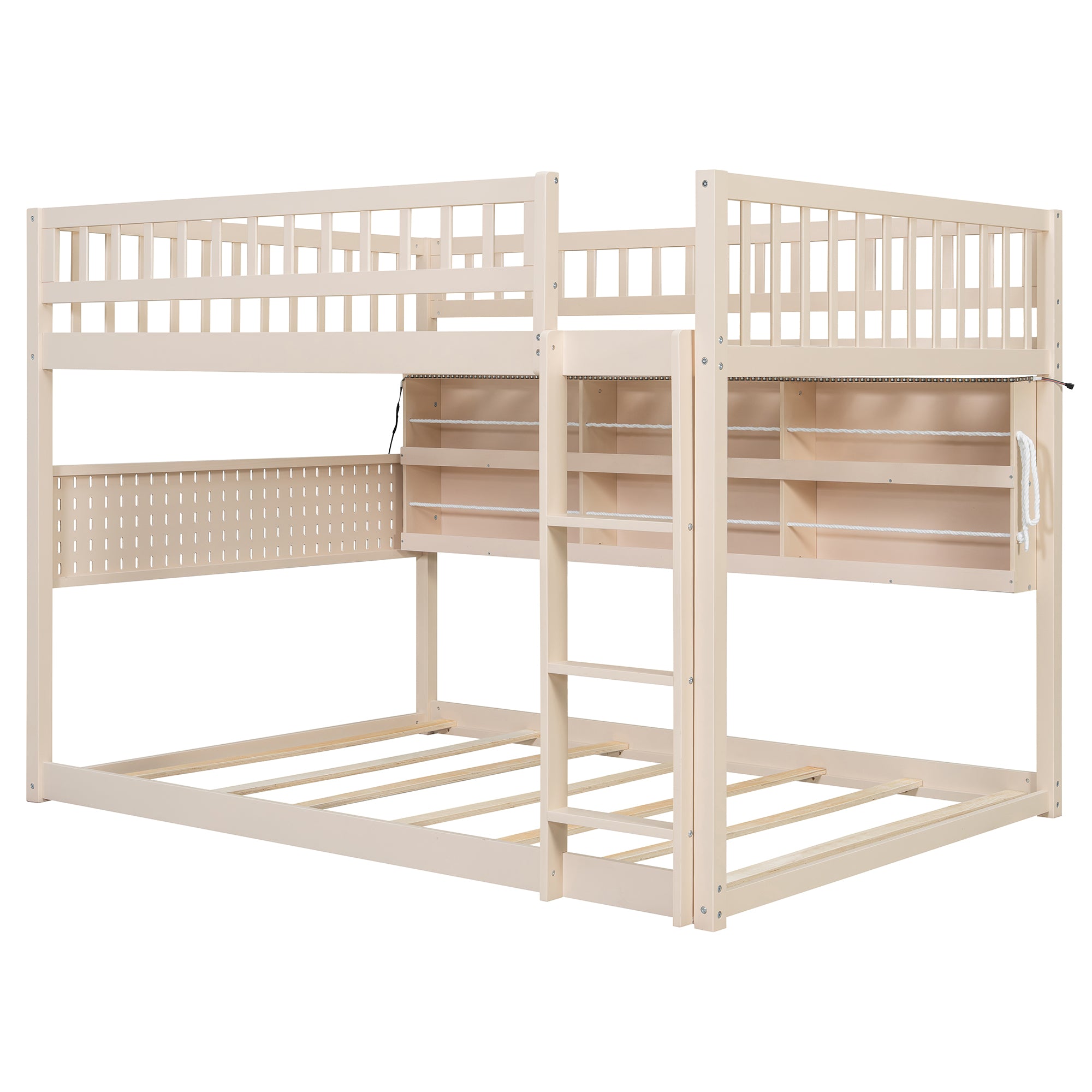 Rellan Full over Full Floor Bunk Bed with Storage Shelves, Pegboard and LED Lights