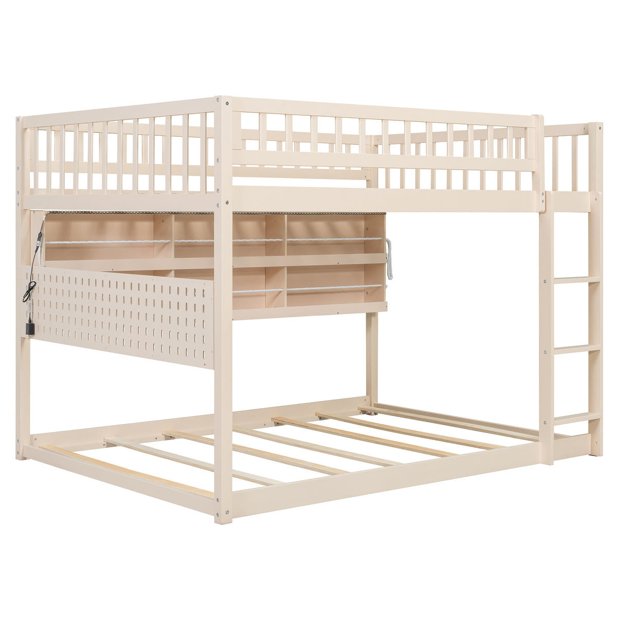 Rellan Full over Full Floor Bunk Bed with Storage Shelves, Pegboard and LED Lights