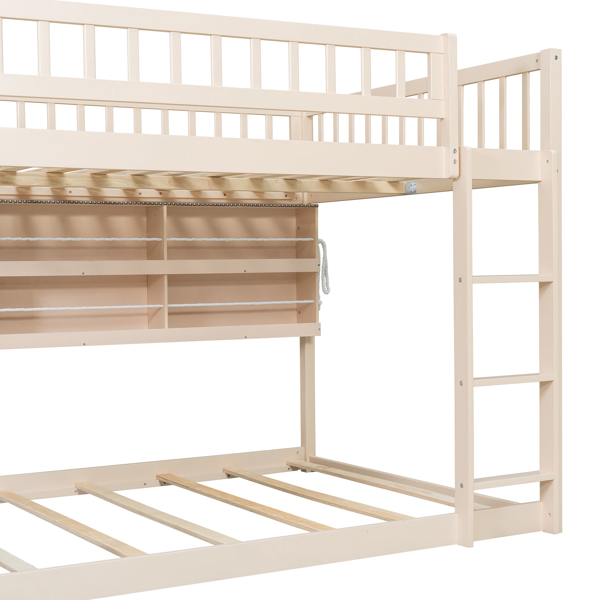 Rellan Full over Full Floor Bunk Bed with Storage Shelves, Pegboard and LED Lights