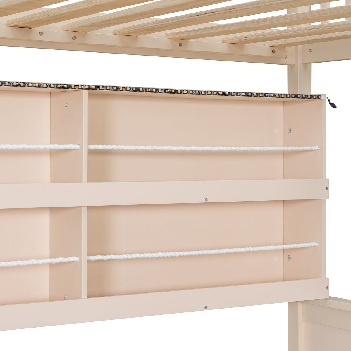 Rellan Full over Full Floor Bunk Bed with Storage Shelves, Pegboard and LED Lights