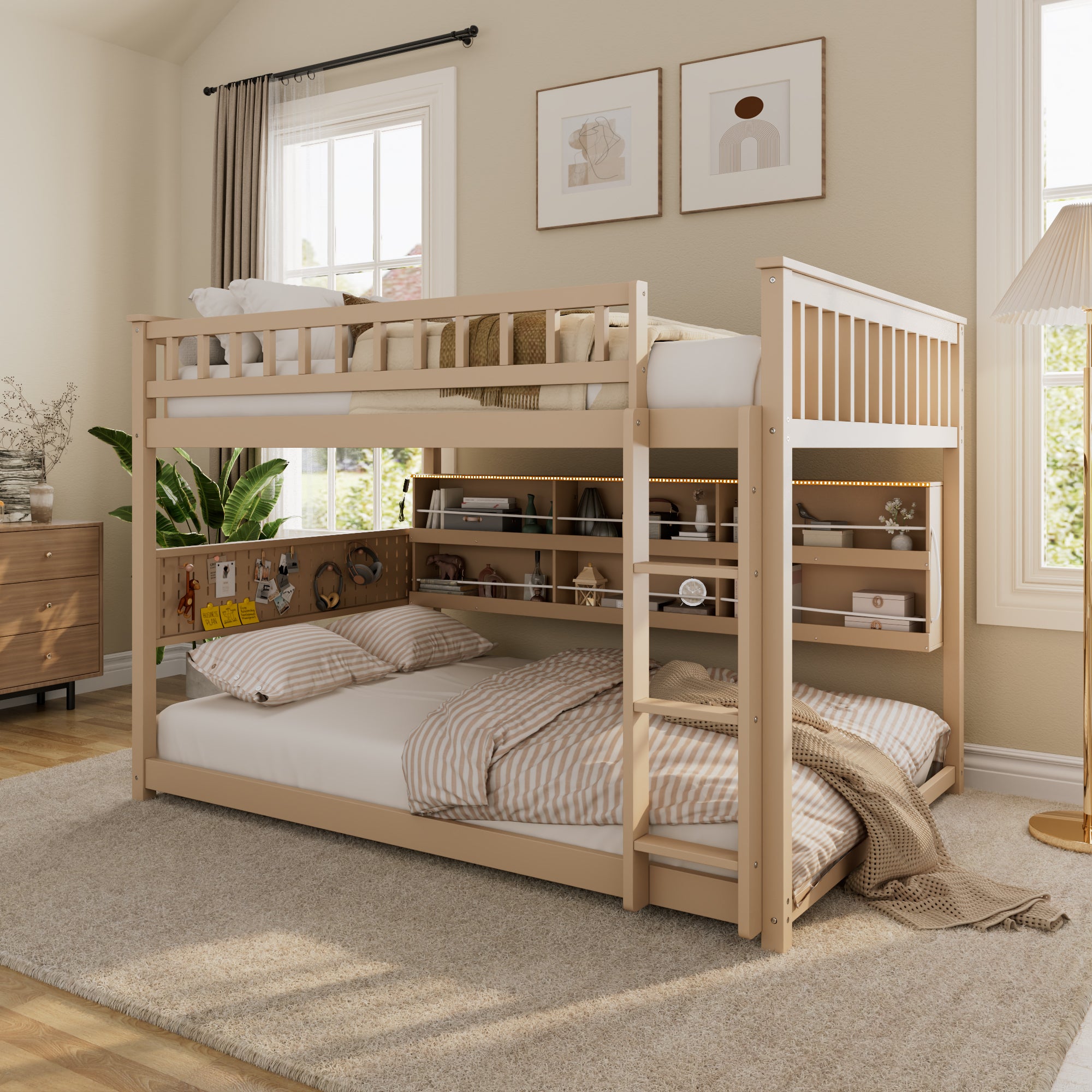 Rellan Full over Full Floor Bunk Bed with Storage Shelves, Pegboard and LED Lights