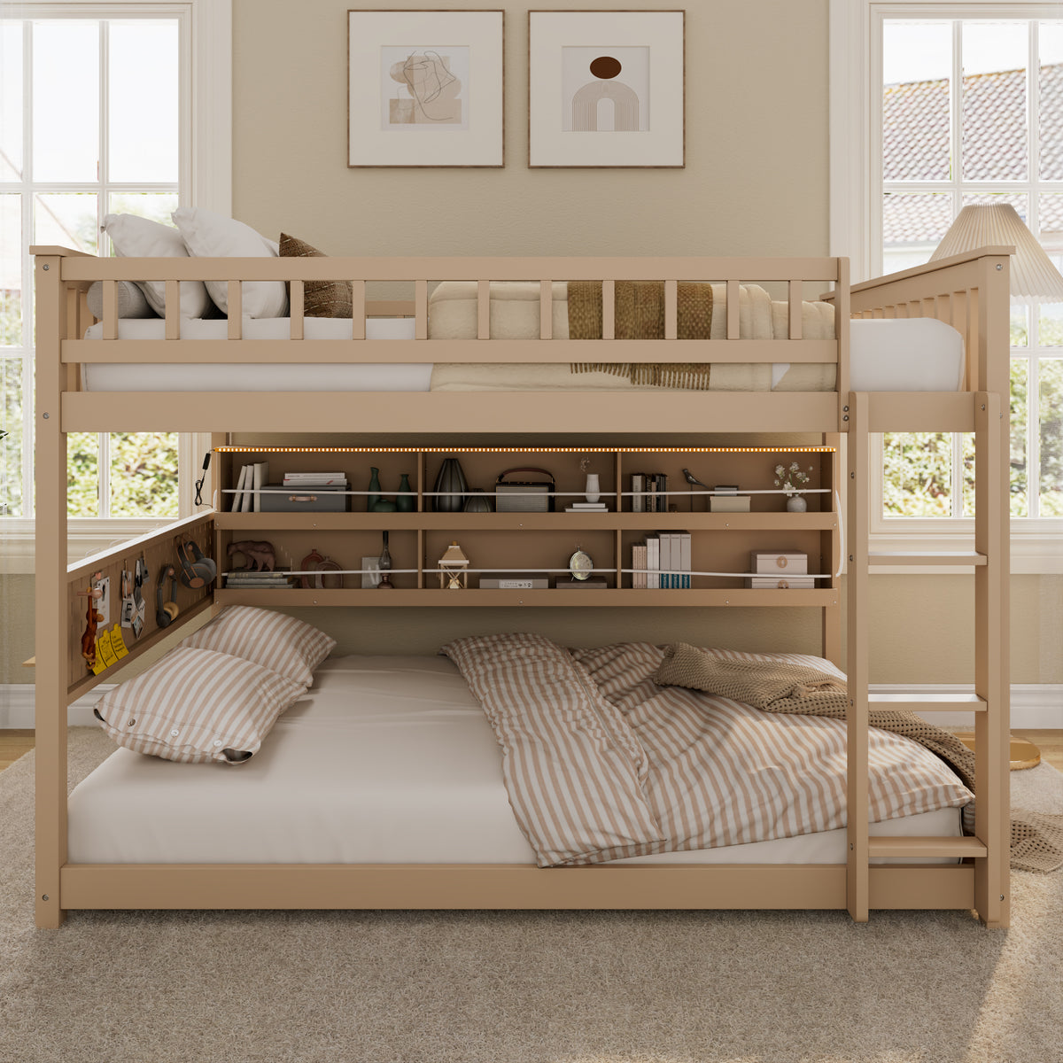 Rellan Full over Full Floor Bunk Bed with Storage Shelves, Pegboard and LED Lights
