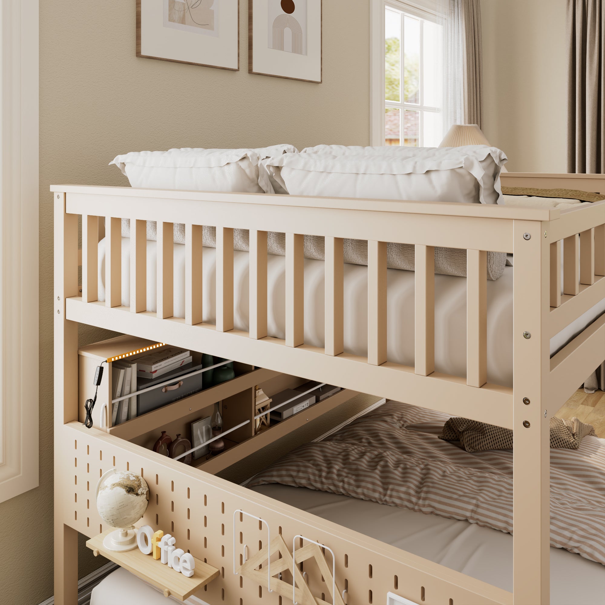 Rellan Full over Full Floor Bunk Bed with Storage Shelves, Pegboard and LED Lights