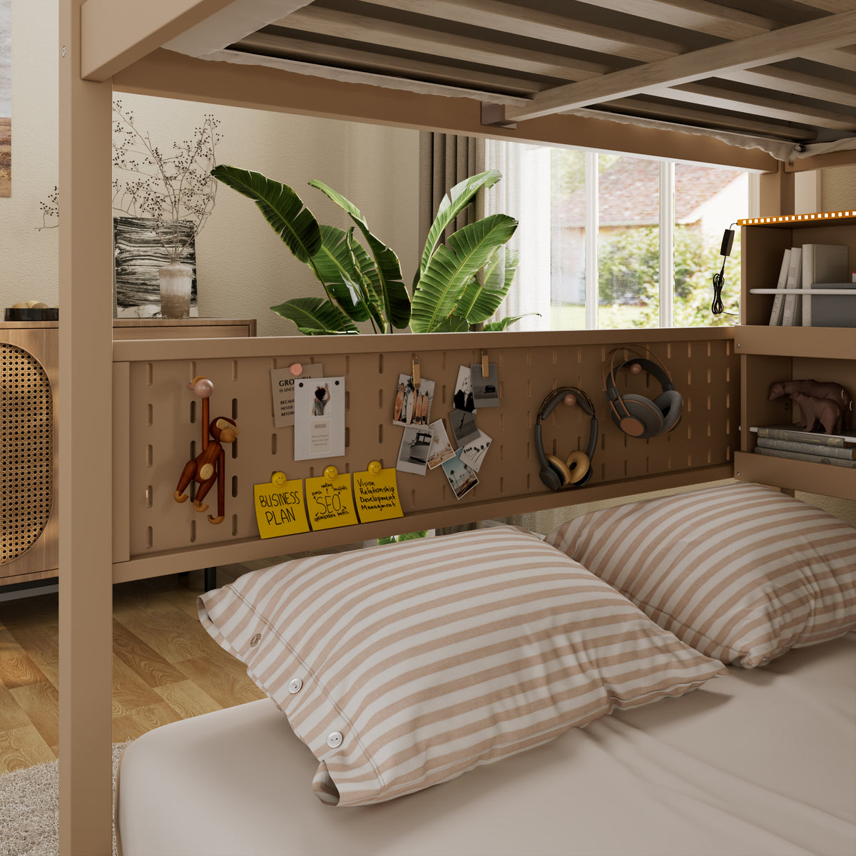Rellan Full over Full Floor Bunk Bed with Storage Shelves, Pegboard and LED Lights