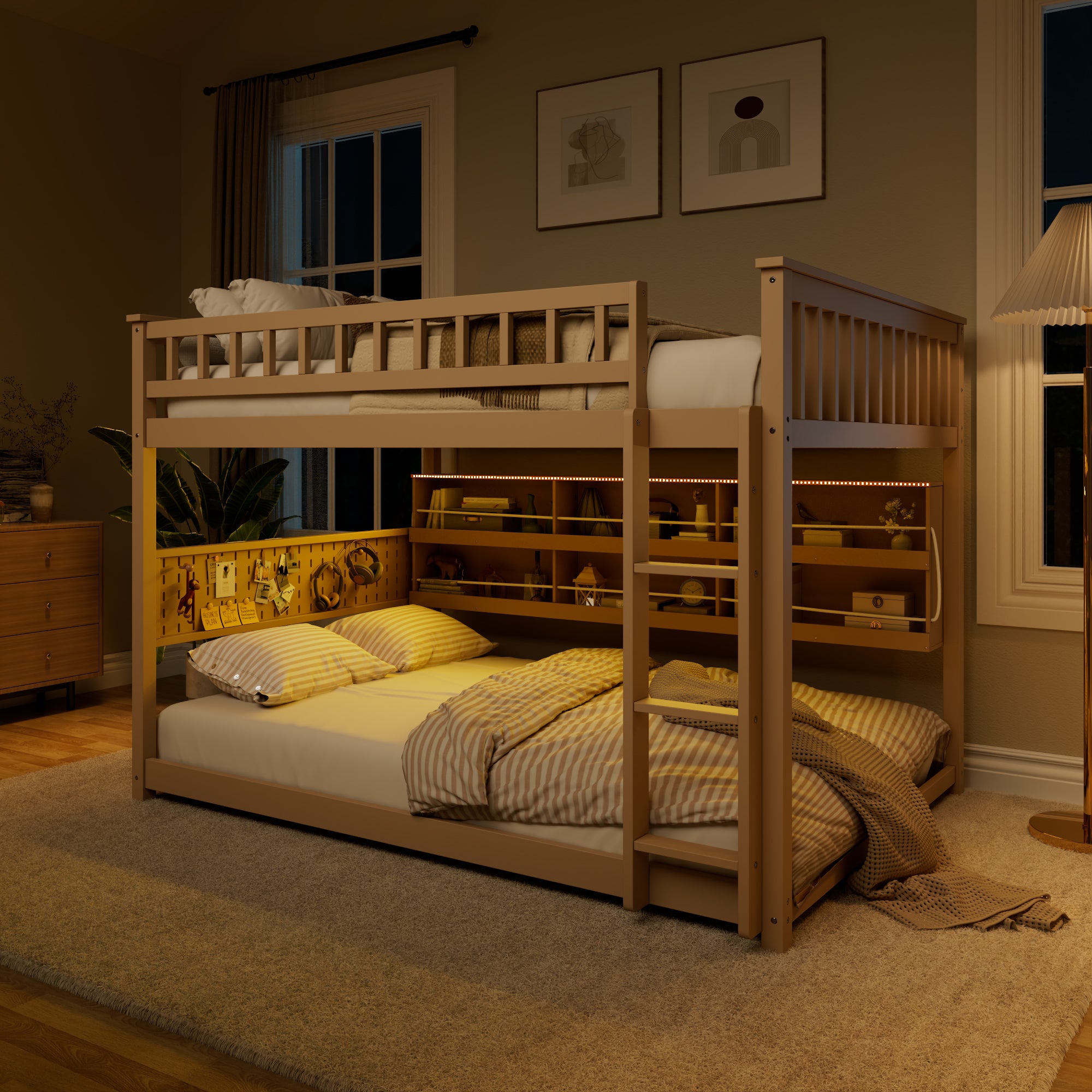 Rellan Full over Full Floor Bunk Bed with Storage Shelves, Pegboard and LED Lights