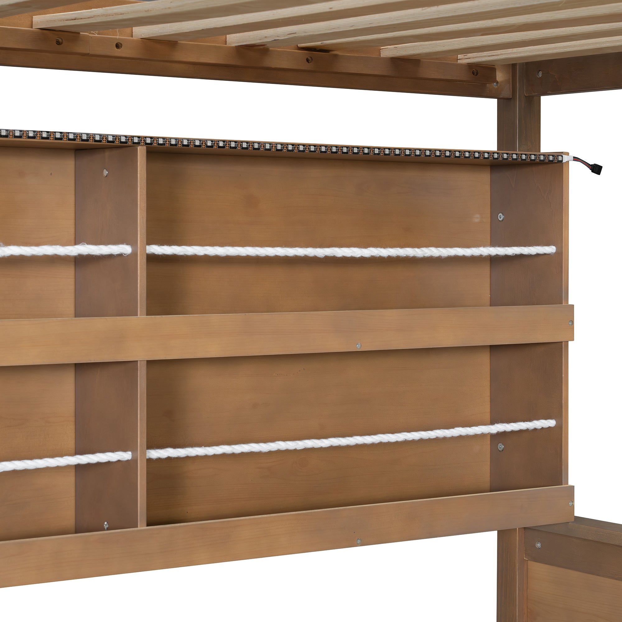 Rellan Full over Full Floor Bunk Bed with Storage Shelves, Pegboard and LED Lights