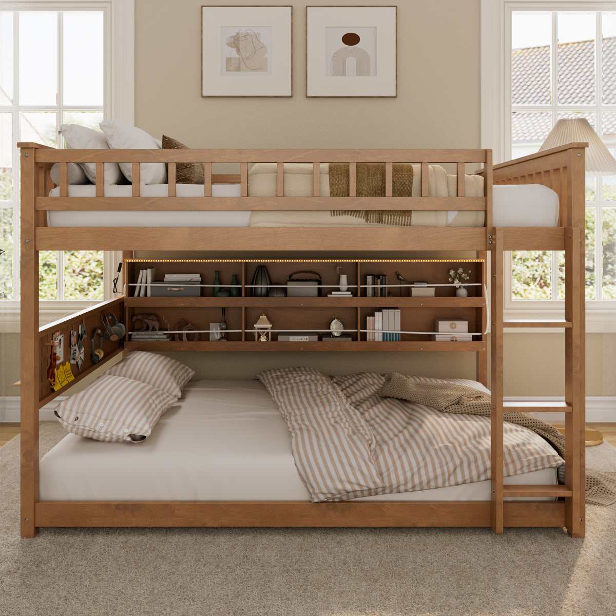 Rellan Full over Full Floor Bunk Bed with Storage Shelves, Pegboard and LED Lights