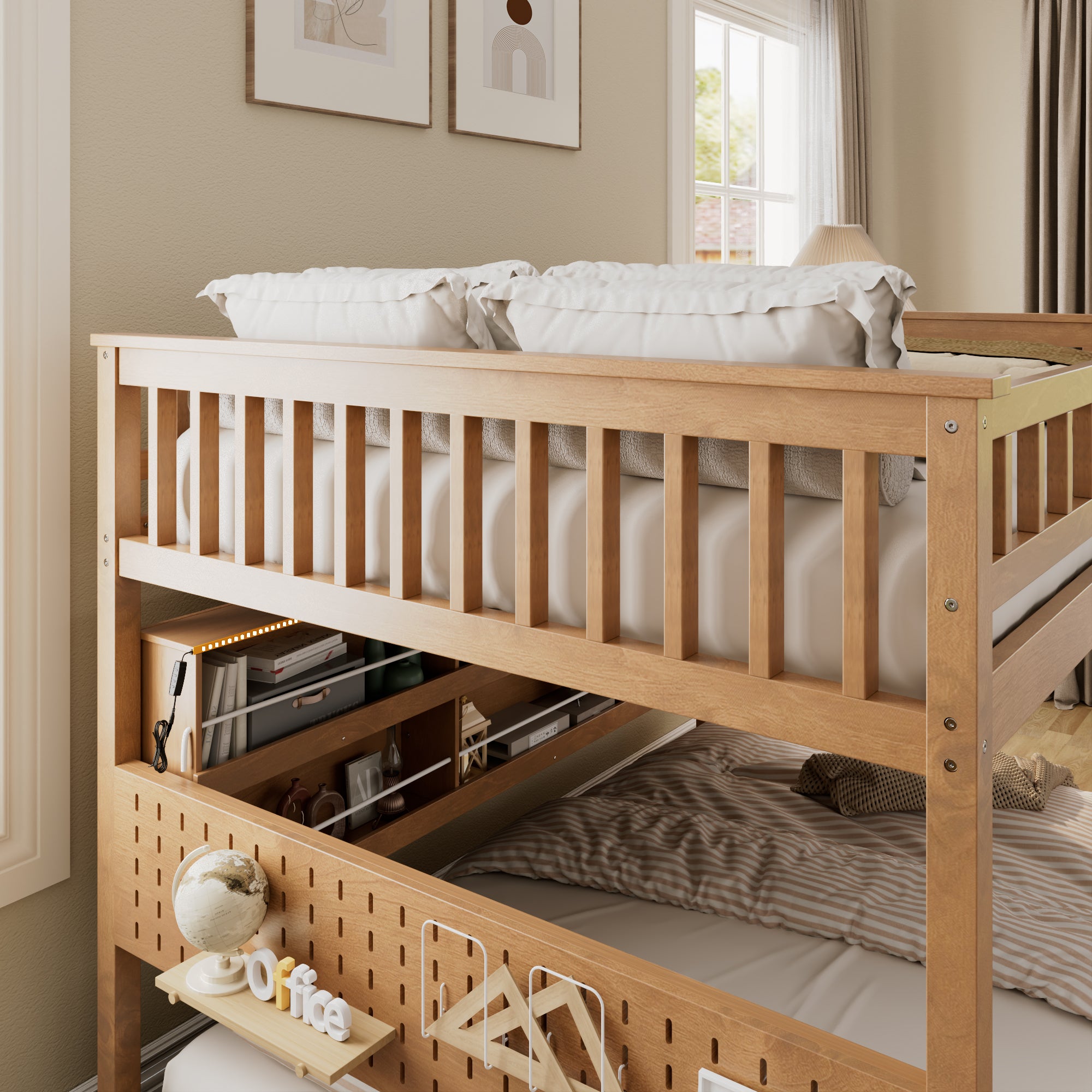 Rellan Full over Full Floor Bunk Bed with Storage Shelves, Pegboard and LED Lights