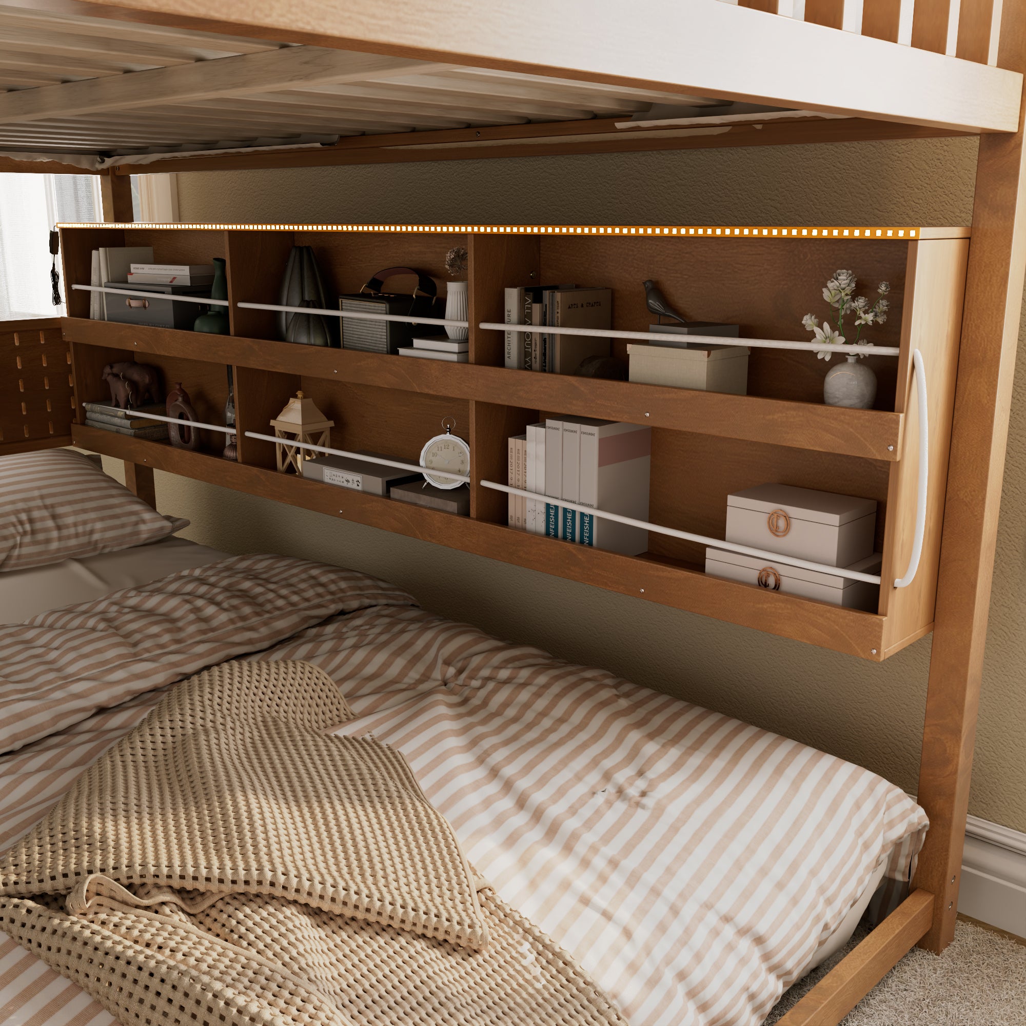 Rellan Full over Full Floor Bunk Bed with Storage Shelves, Pegboard and LED Lights