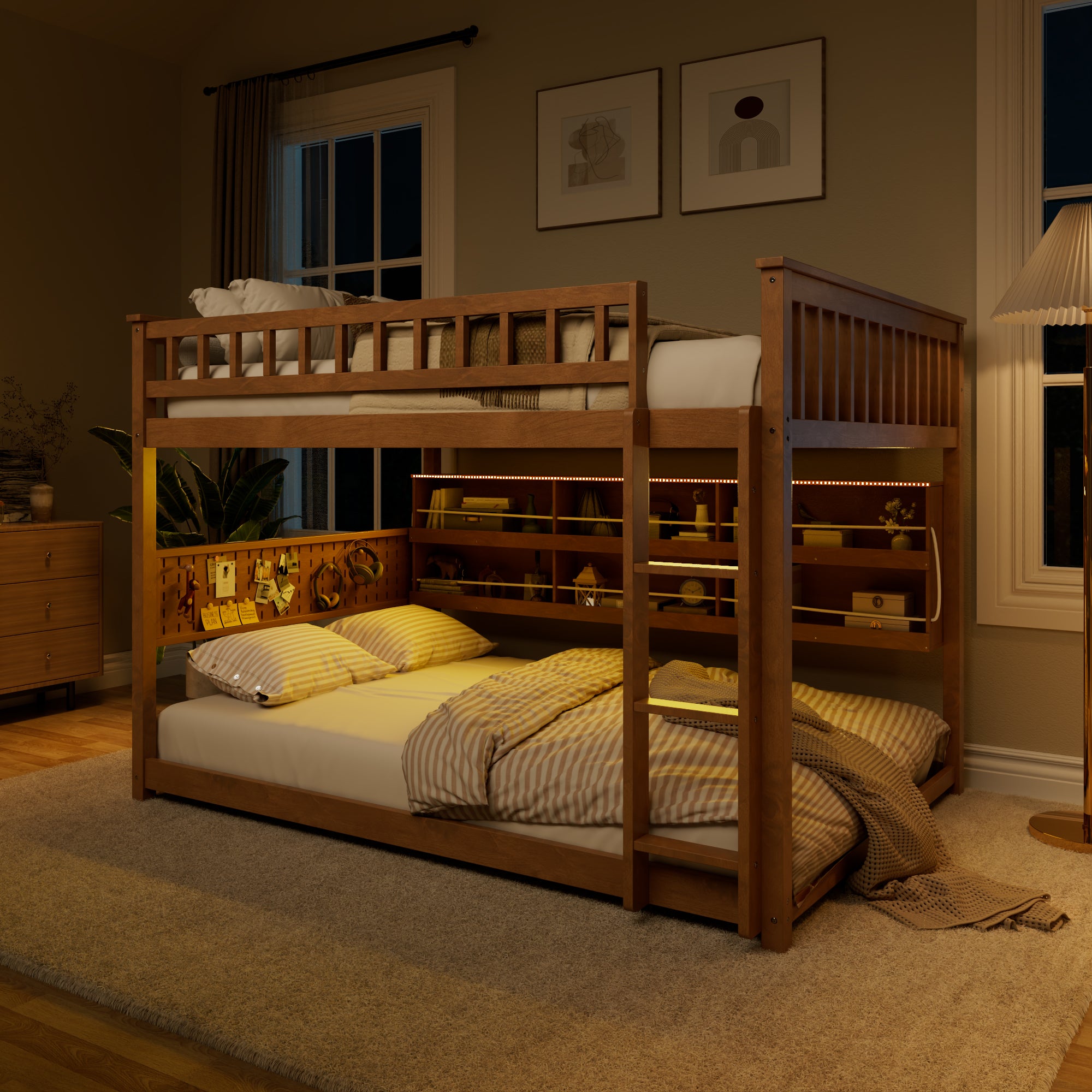 Rellan Full over Full Floor Bunk Bed with Storage Shelves, Pegboard and LED Lights
