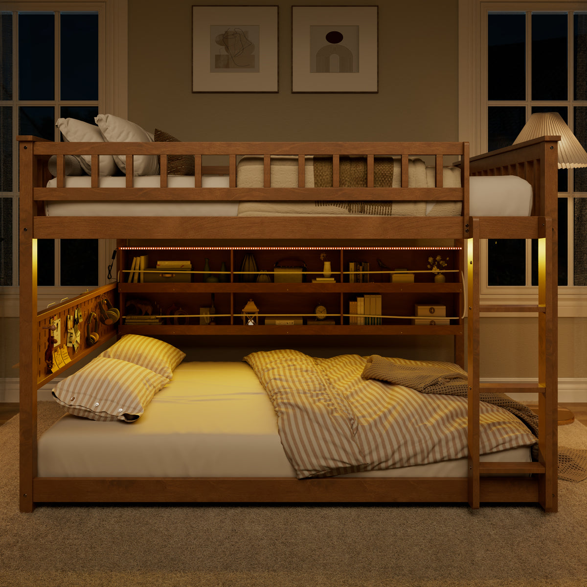 Rellan Full over Full Floor Bunk Bed with Storage Shelves, Pegboard and LED Lights