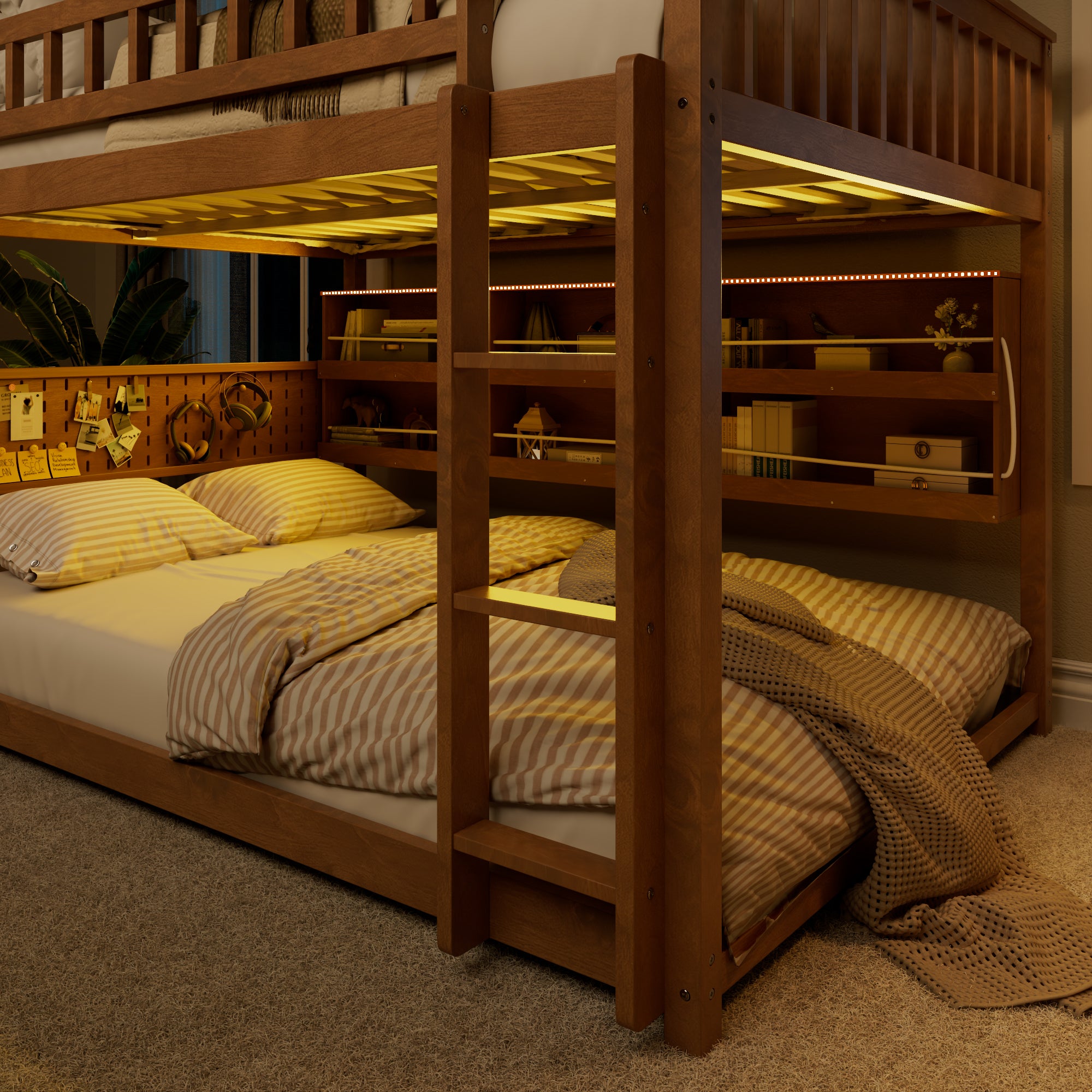 Rellan Full over Full Floor Bunk Bed with Storage Shelves, Pegboard and LED Lights
