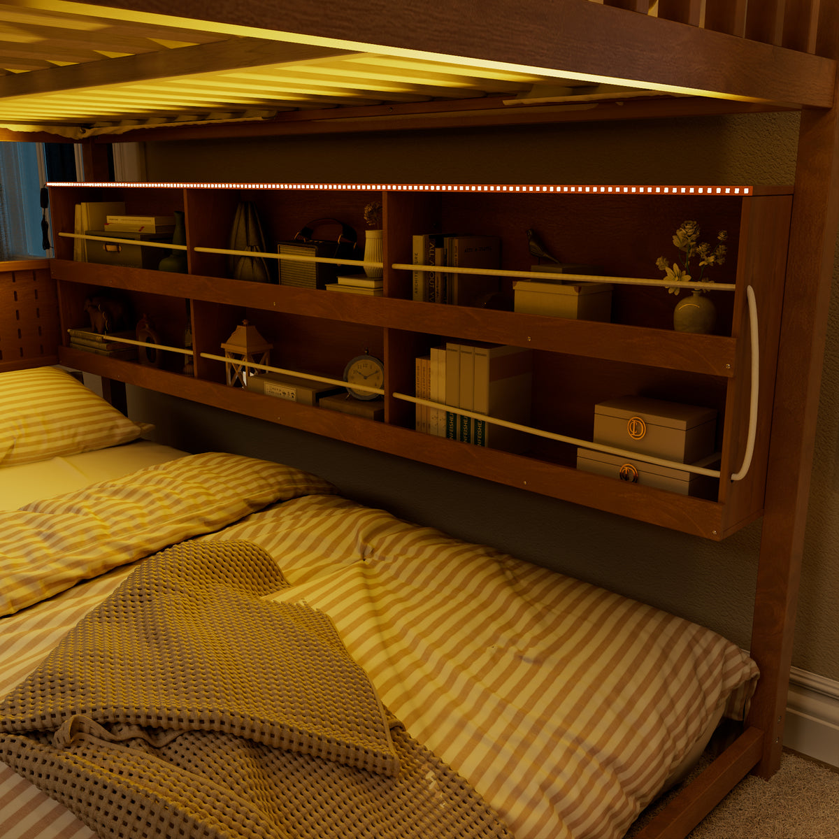 Rellan Full over Full Floor Bunk Bed with Storage Shelves, Pegboard and LED Lights