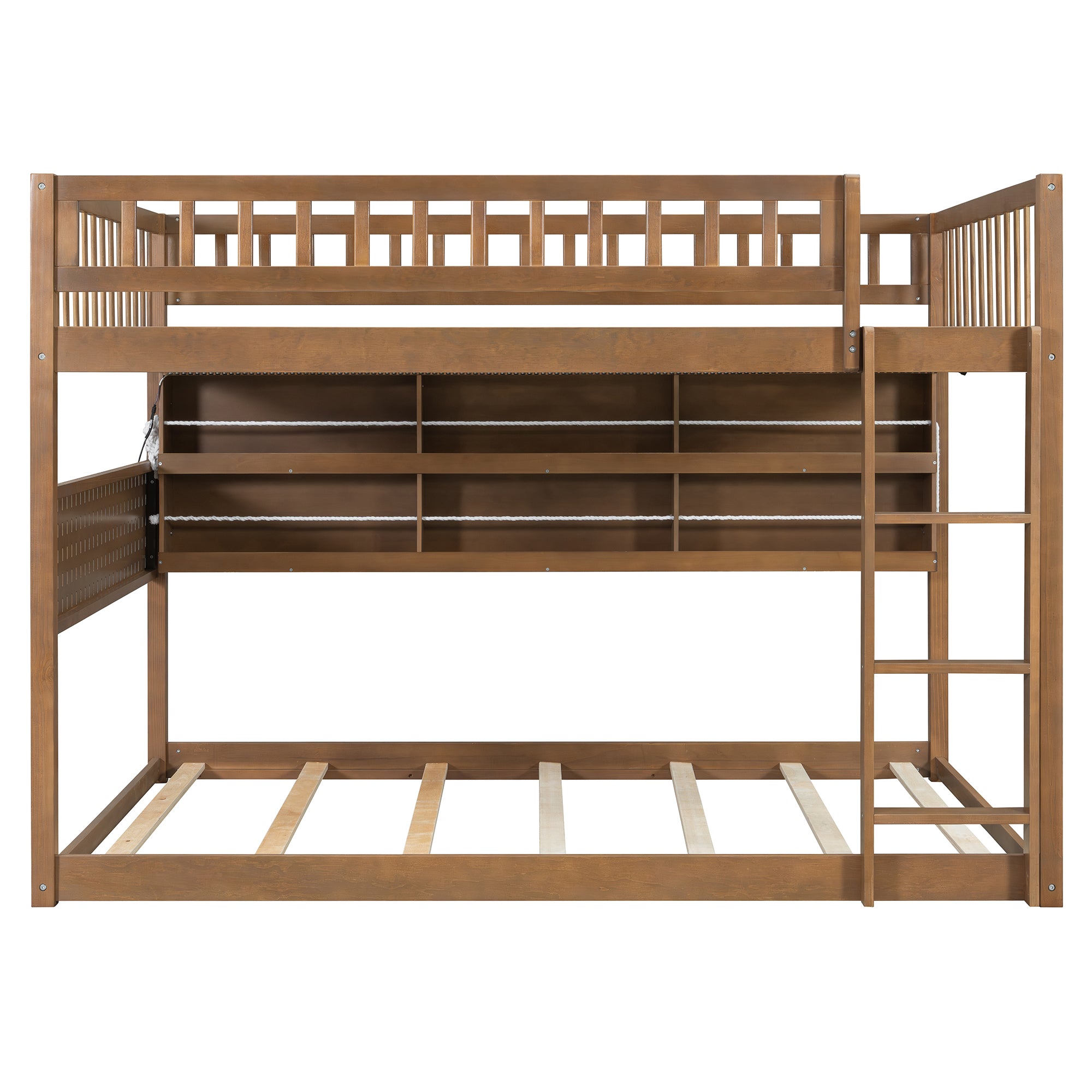 Rellan Full over Full Floor Bunk Bed with Storage Shelves, Pegboard and LED Lights