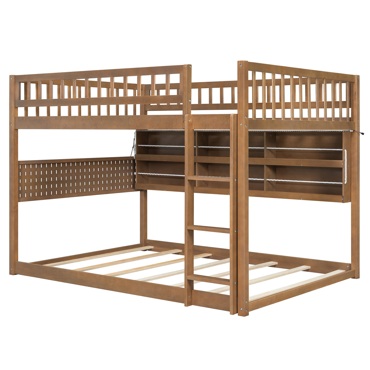 Rellan Full over Full Floor Bunk Bed with Storage Shelves, Pegboard and LED Lights