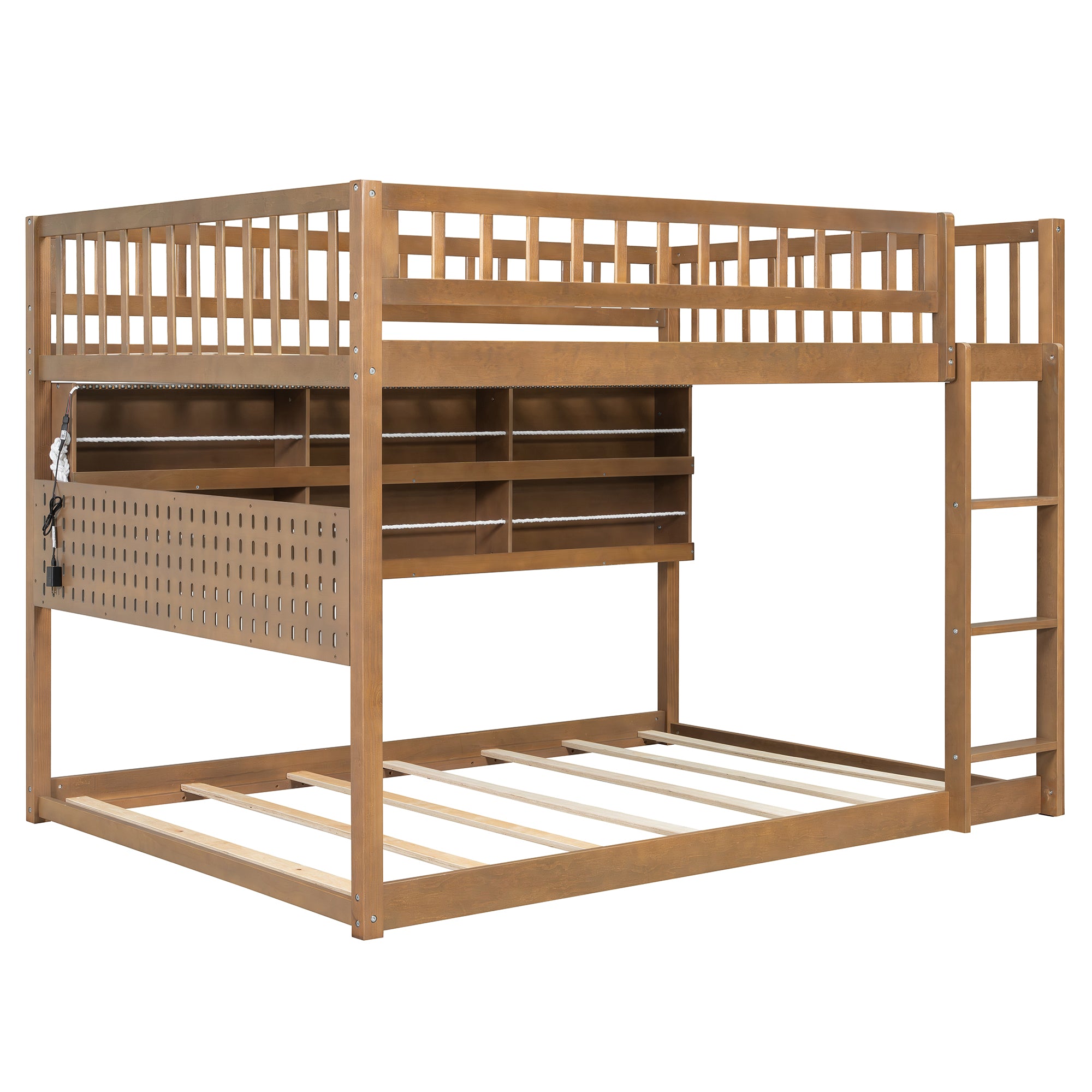 Rellan Full over Full Floor Bunk Bed with Storage Shelves, Pegboard and LED Lights