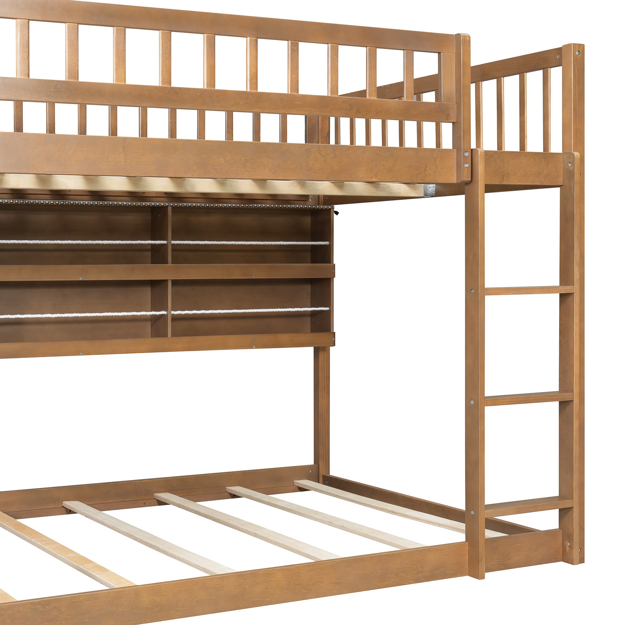 Rellan Full over Full Floor Bunk Bed with Storage Shelves, Pegboard and LED Lights