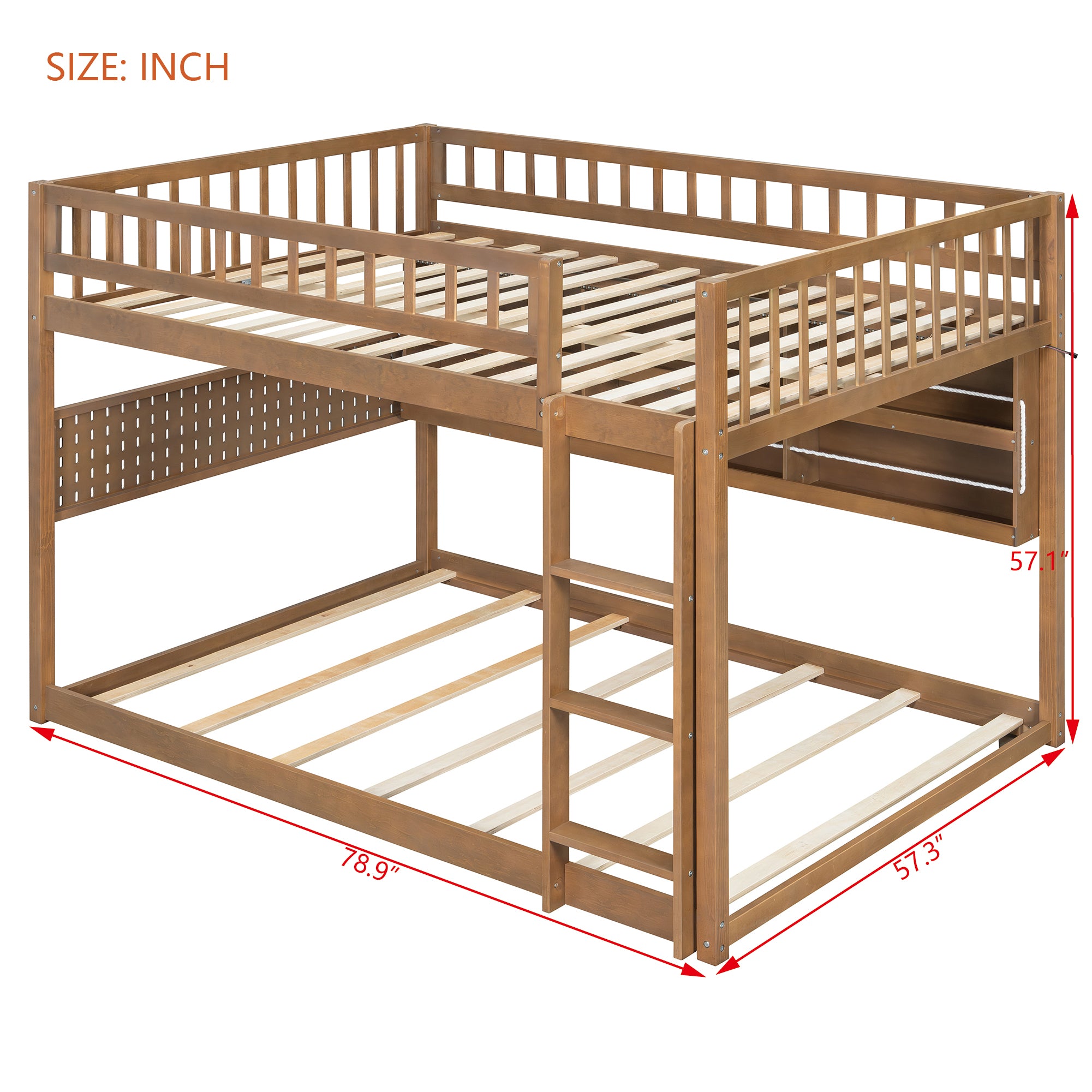 Rellan Full over Full Floor Bunk Bed with Storage Shelves, Pegboard and LED Lights
