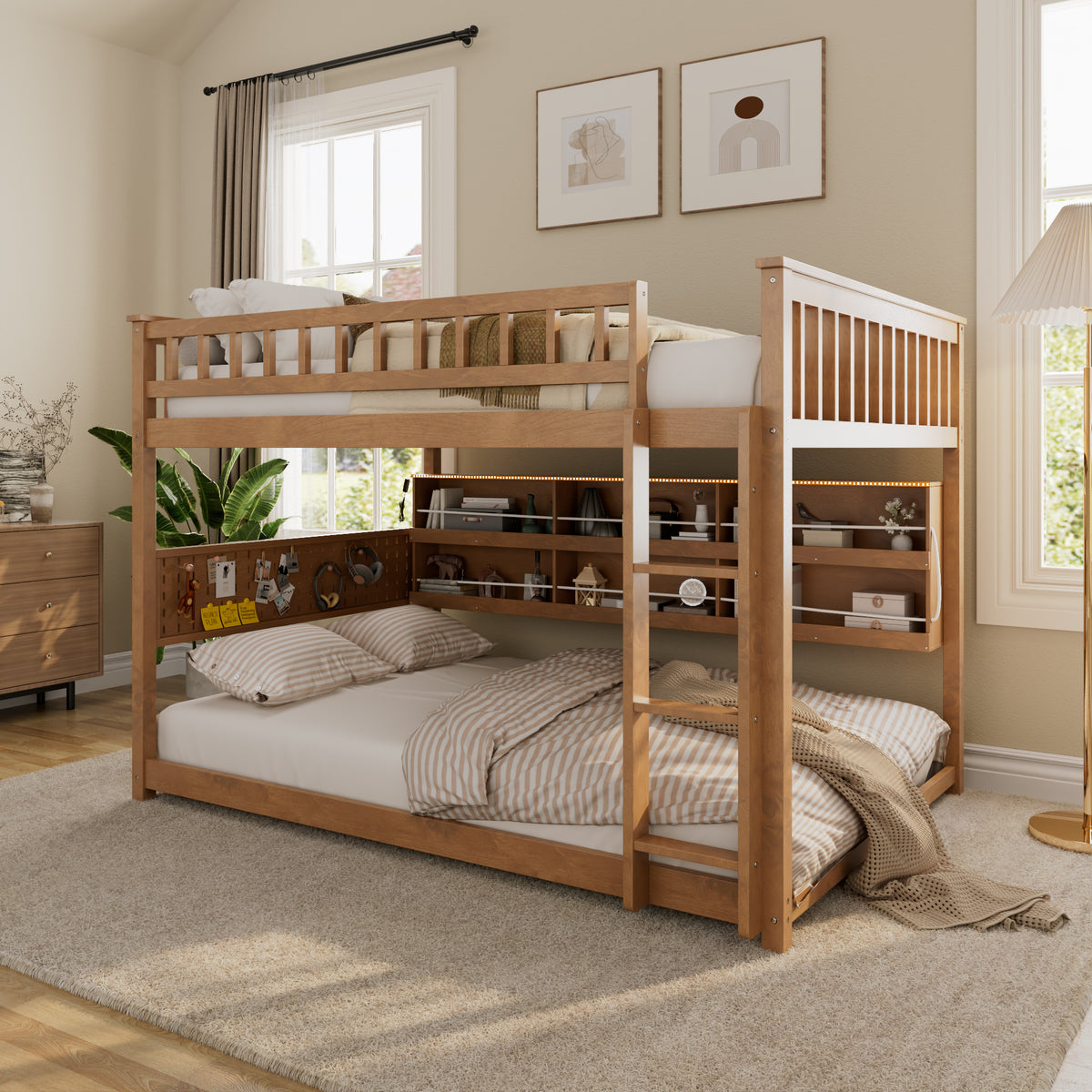 Rellan Full over Full Floor Bunk Bed with Storage Shelves, Pegboard and LED Lights