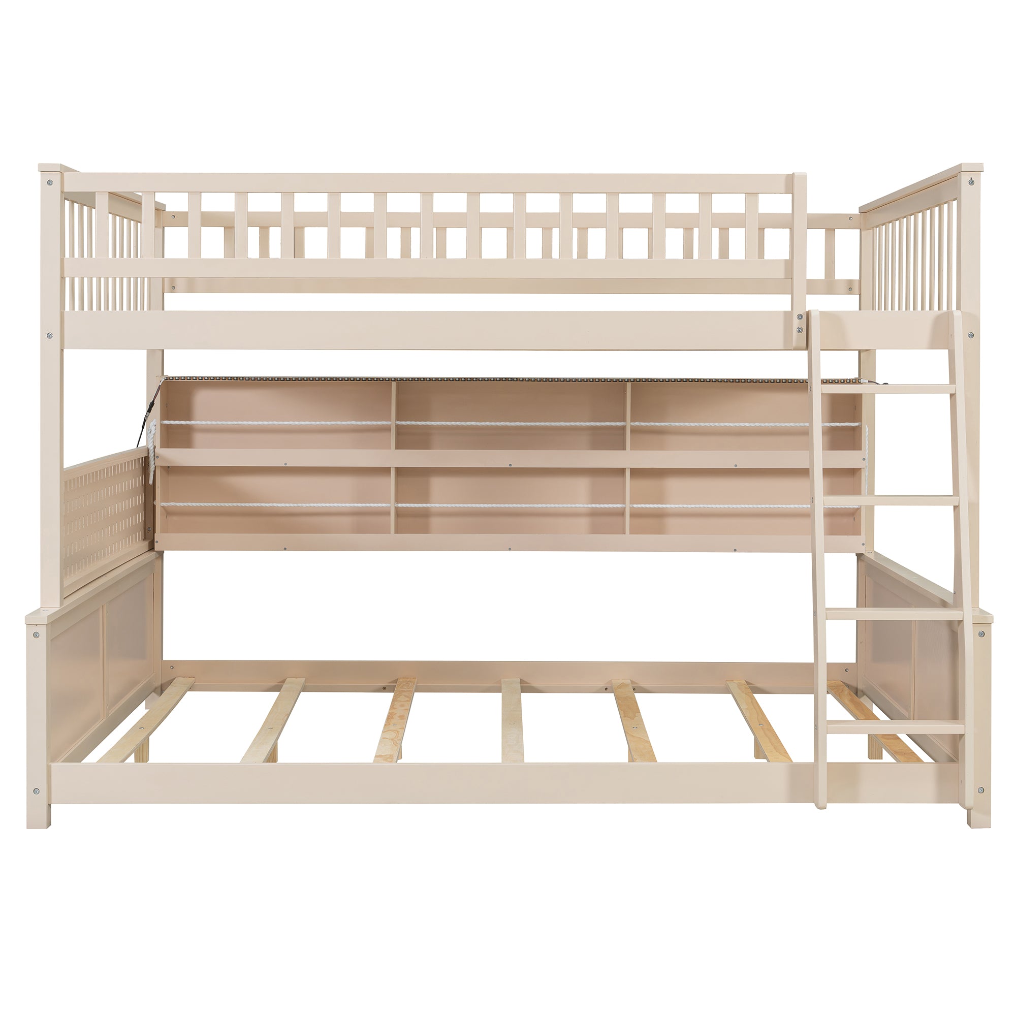 Rellan Full XL over Queen Bunk Bed with Storage Shelves, Pegboard and LED Lights