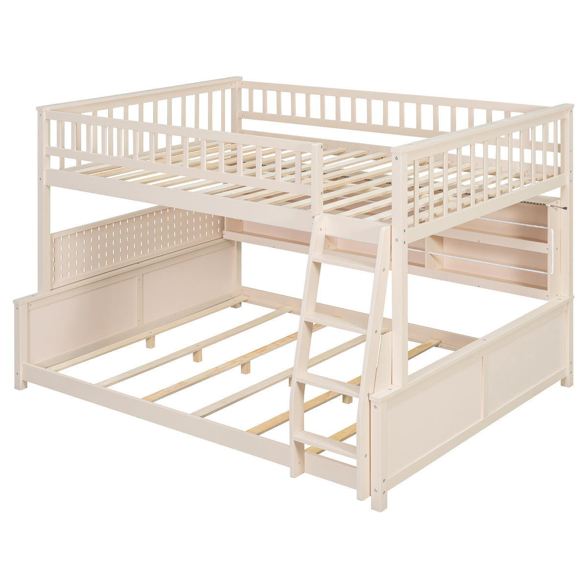 Rellan Full XL over Queen Bunk Bed with Storage Shelves, Pegboard and LED Lights