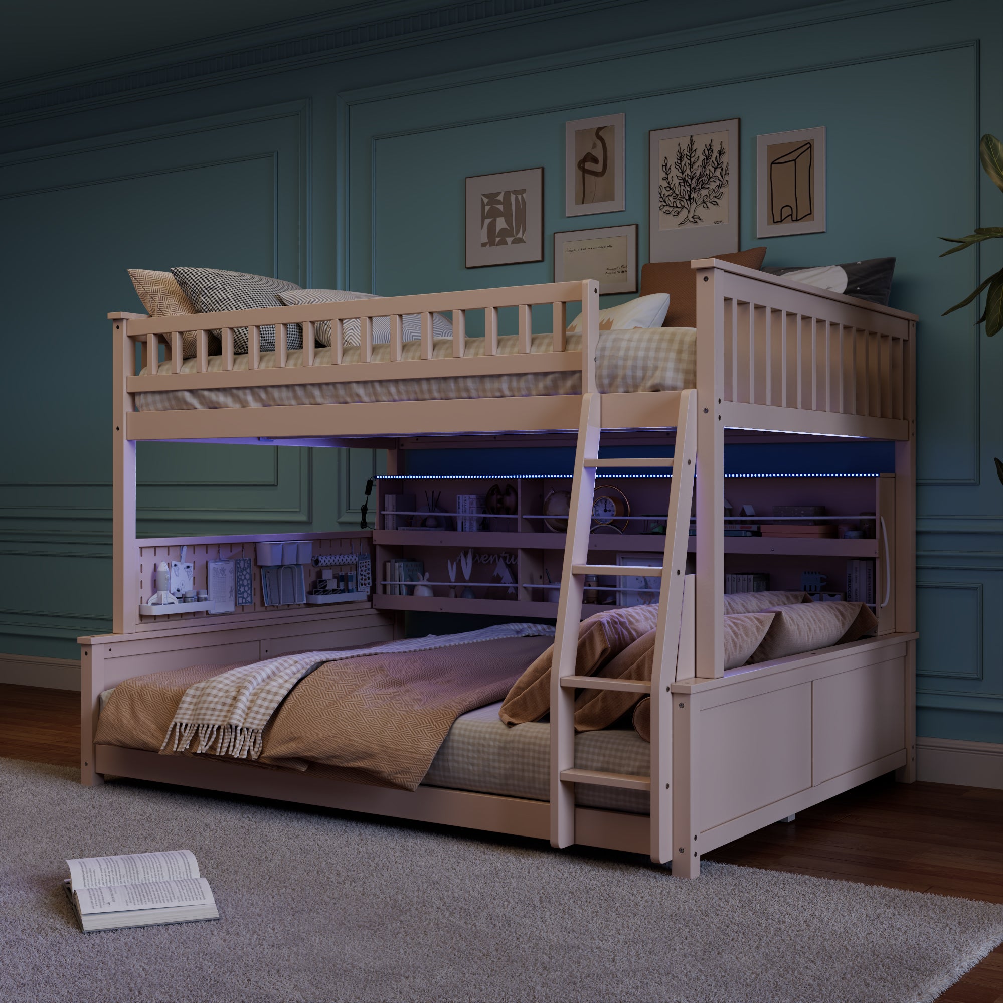 Rellan Full XL over Queen Bunk Bed with Storage Shelves, Pegboard and LED Lights