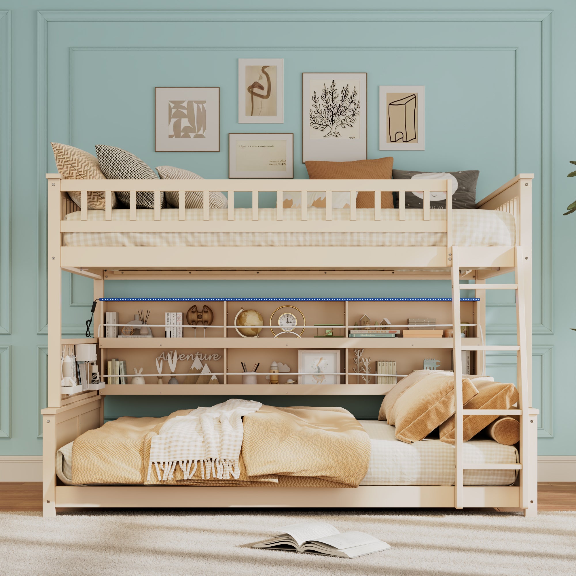 Rellan Full XL over Queen Bunk Bed with Storage Shelves, Pegboard and LED Lights