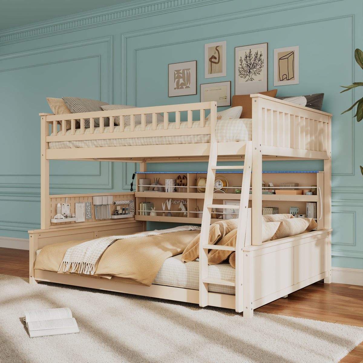 Rellan Full XL over Queen Bunk Bed with Storage Shelves, Pegboard and LED Lights